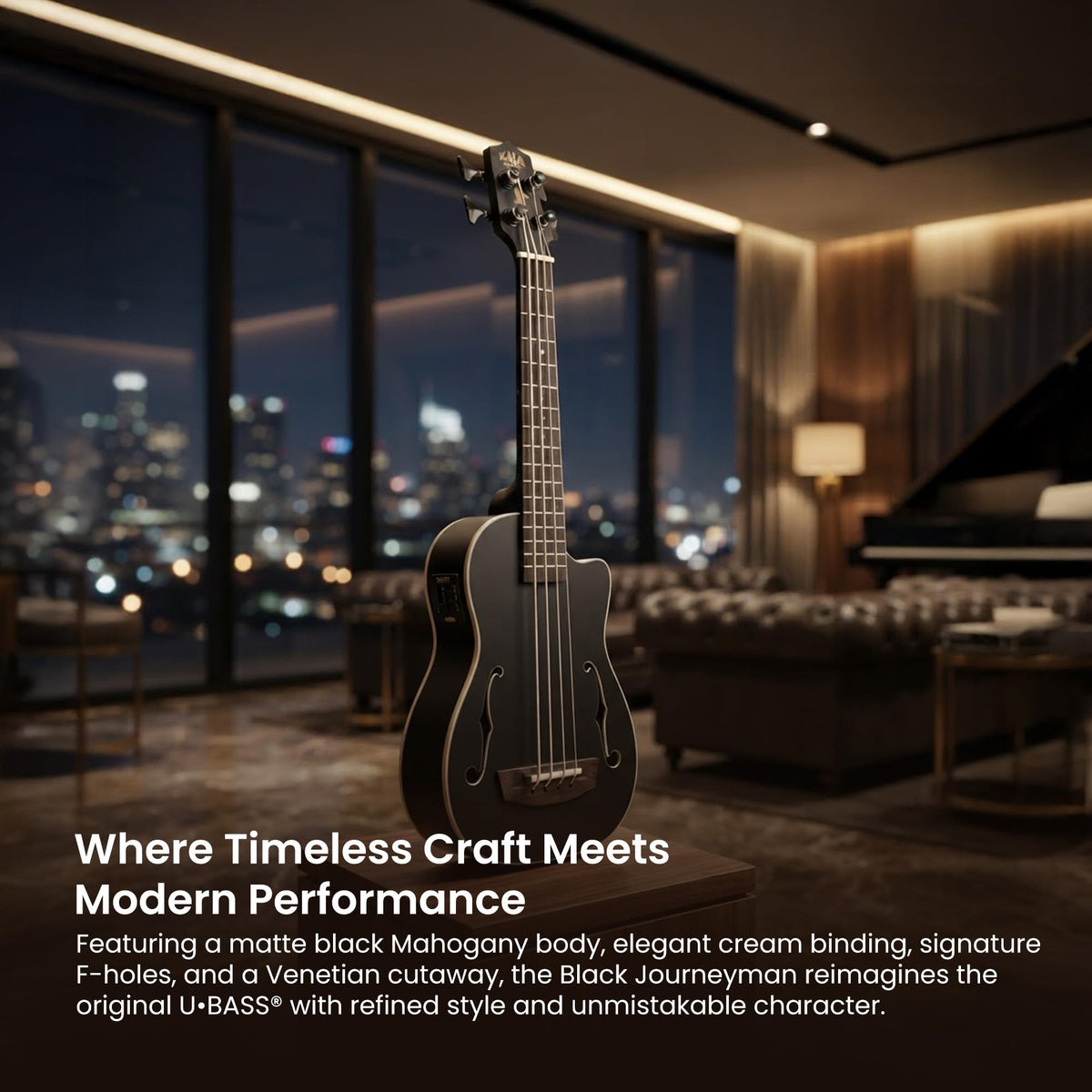 Kala UBASS-JYMN-BK-FS Black Journeyman Mahogany Fretted Acoustic-Electric U-Bass