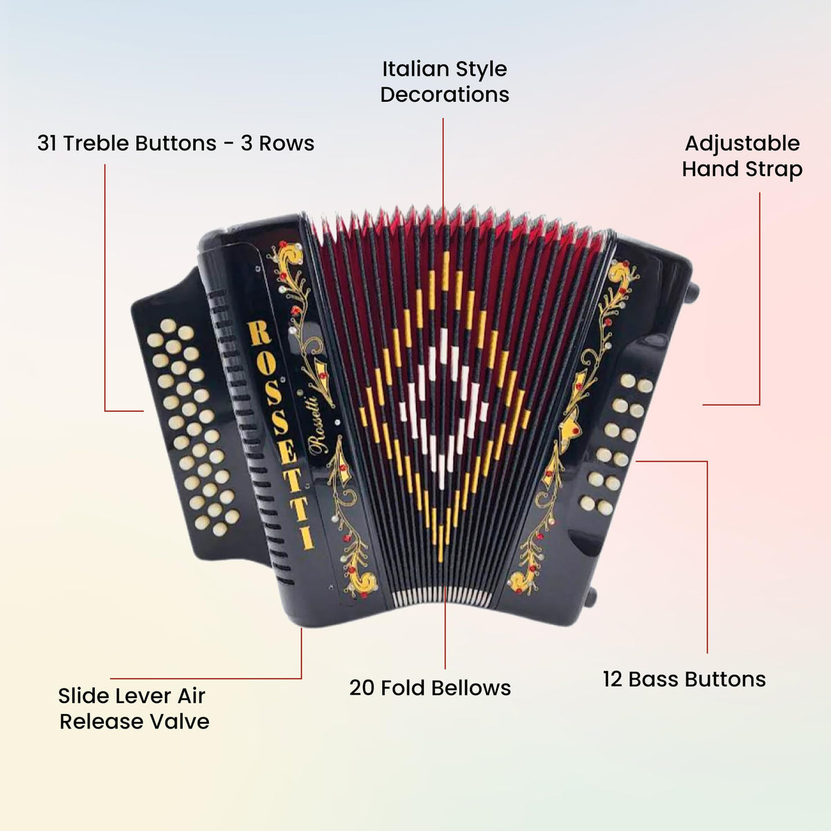 Rossetti 3112 31-Button 12-Bass Diatonic Accordion, Key of FBE - Gloss Black w/ Hard Case