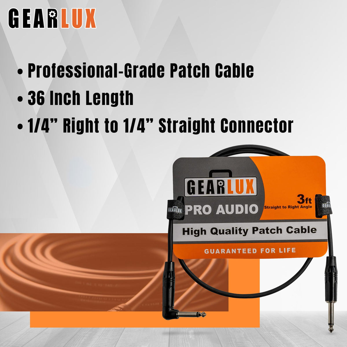 Gearlux 36-Inch Guitar Patch Cable, 1/4 Inch, Straight-Angled, Black - 6 Pack