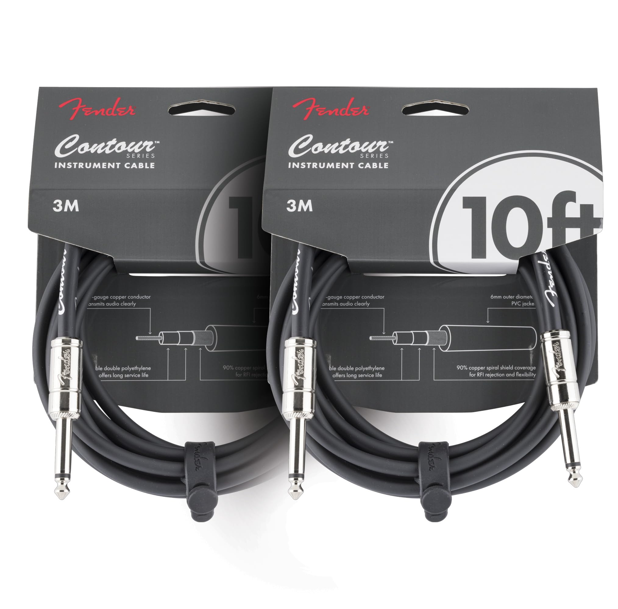 Fender Contour 10-Foot Instrument Cable, Straight-Straight, Black - 2 Pack