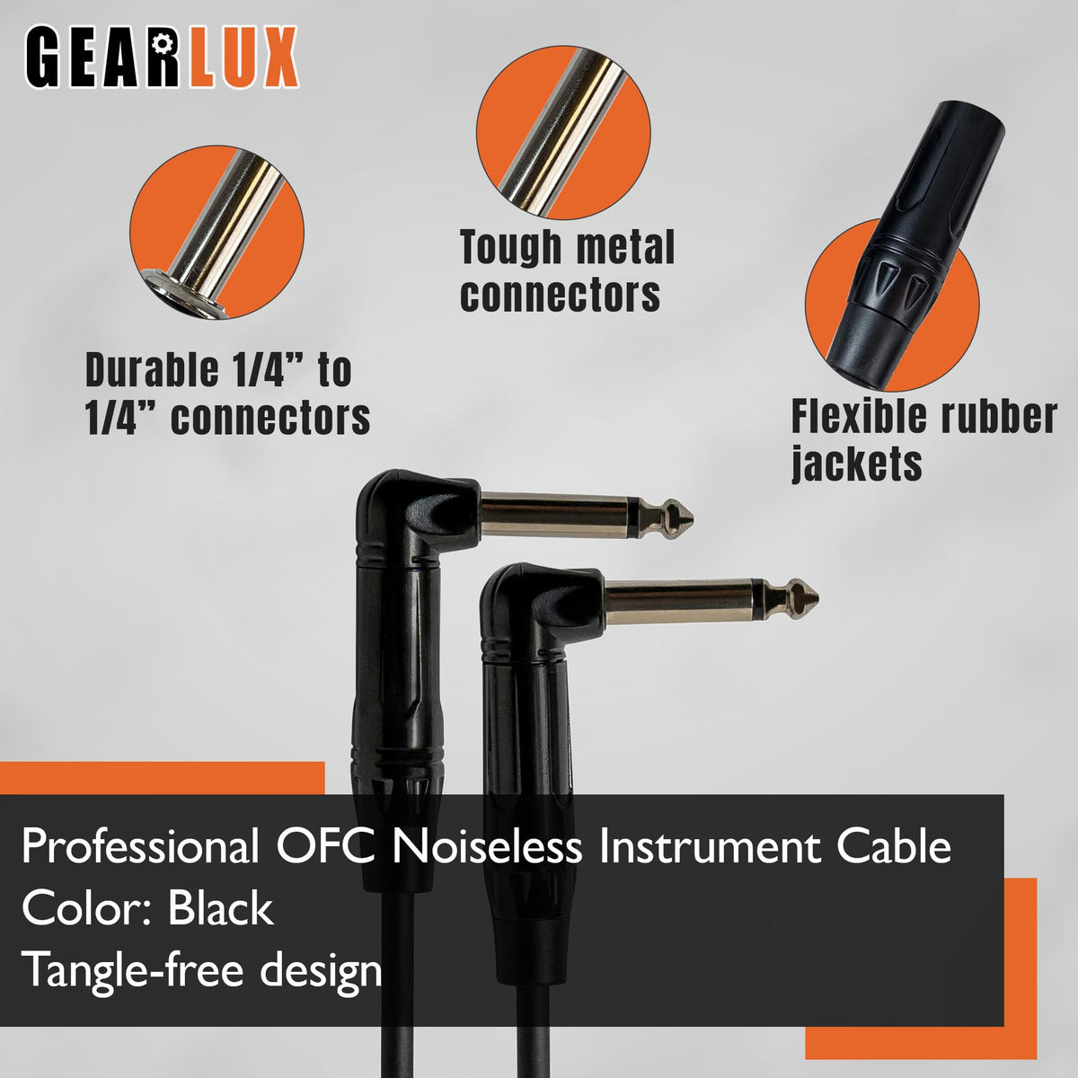 Gearlux 3-Inch Guitar Patch Cable, 1/4 Inch, Angled, Black - 6 Pack