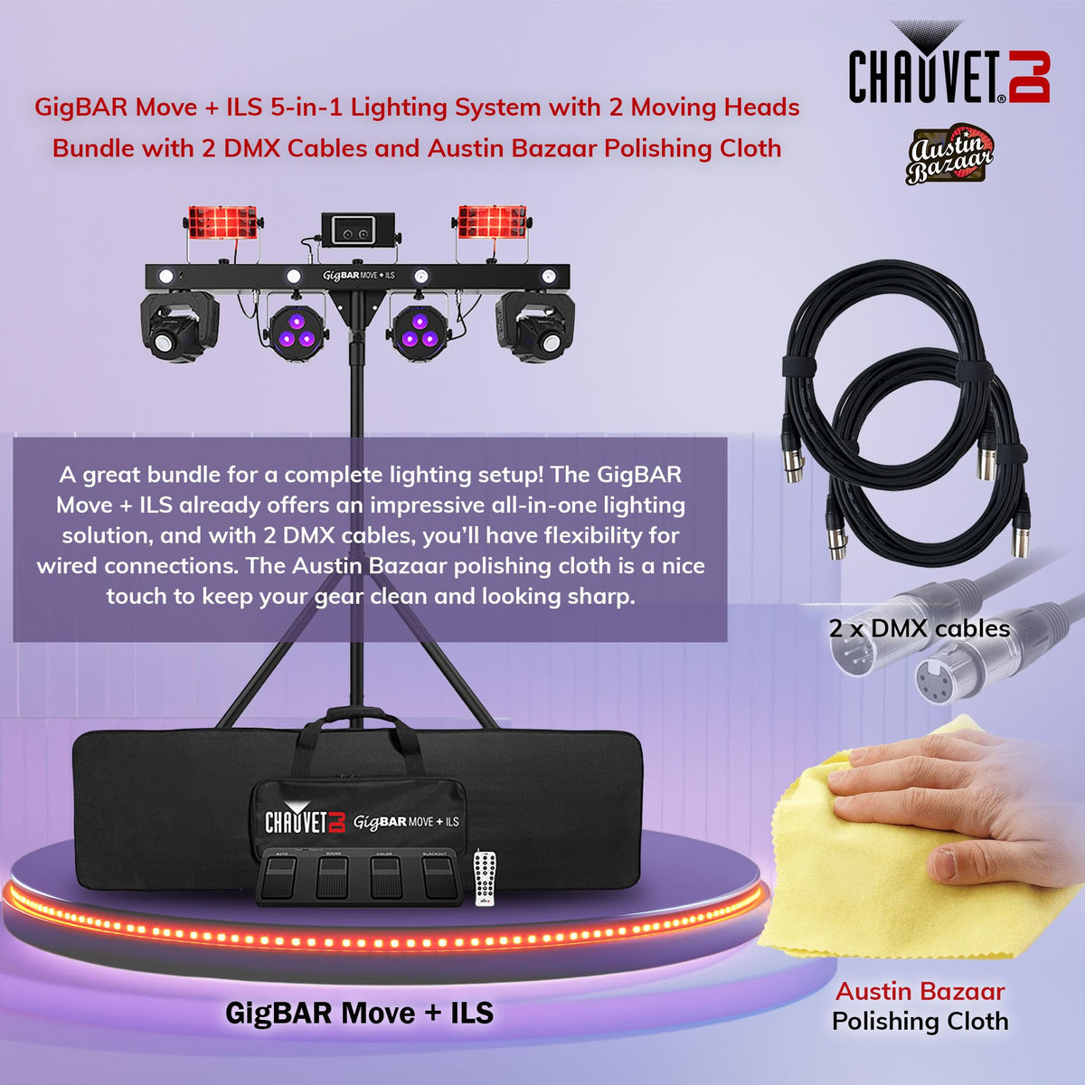 Chauvet GigBAR Move + ILS 5-in-1 Lighting System w/ DMX Cables