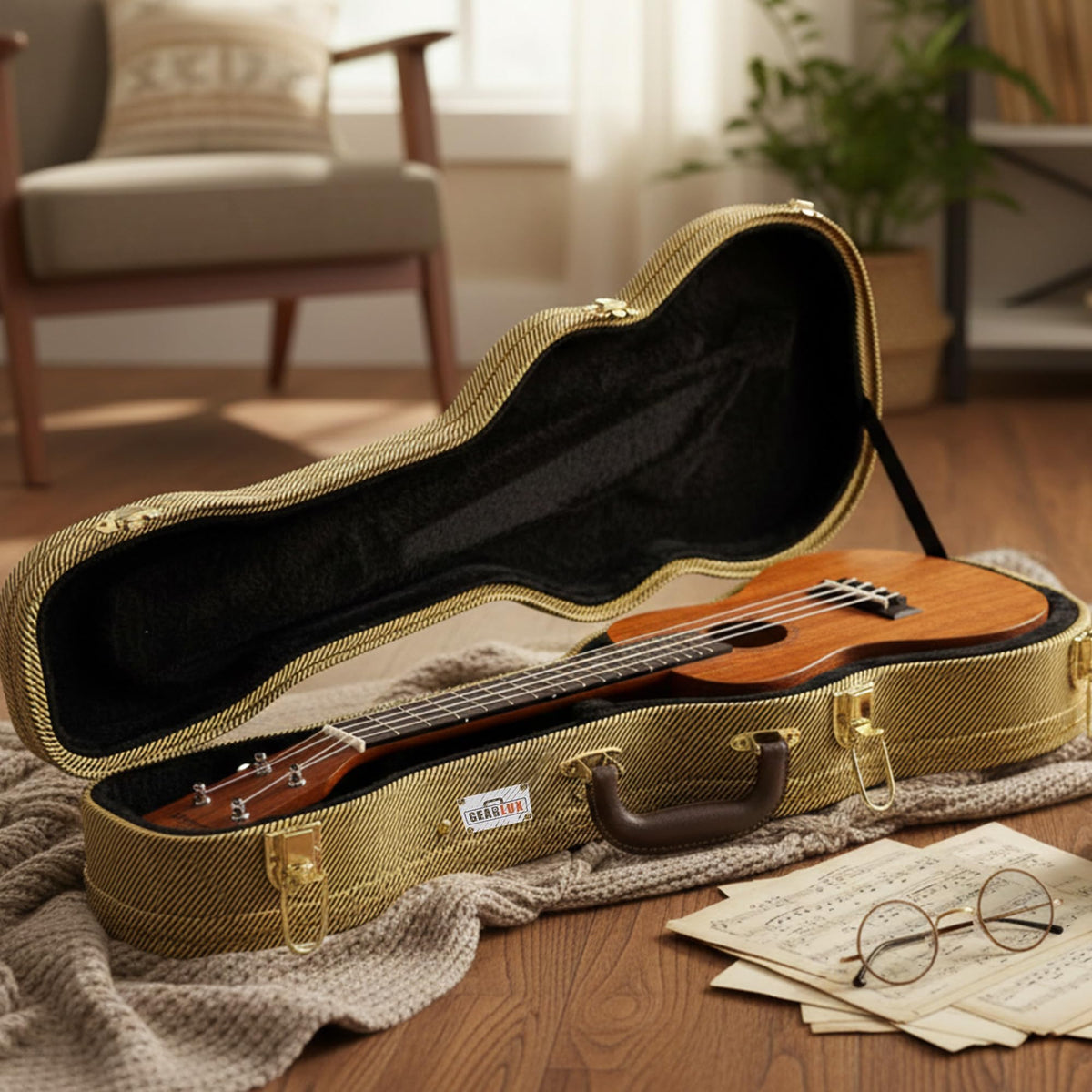Gearlux UC107-C Concert Ukulele Wooden Tweed Case