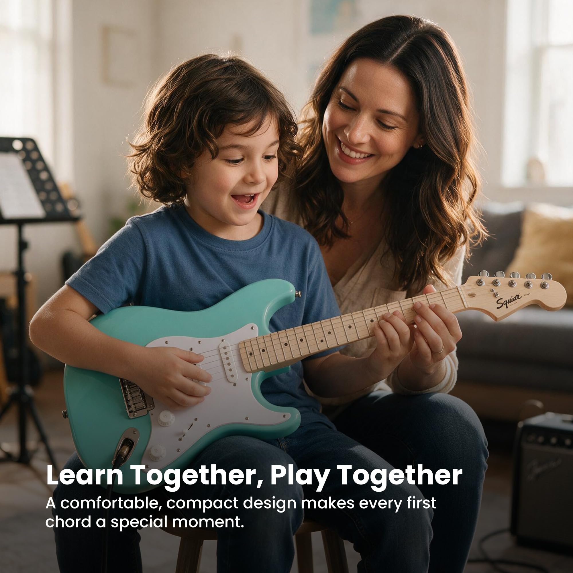 Fender Squier 3/4-Size Kids Mini Strat Electric Guitar - Sea Foam Green w/ Amplifier