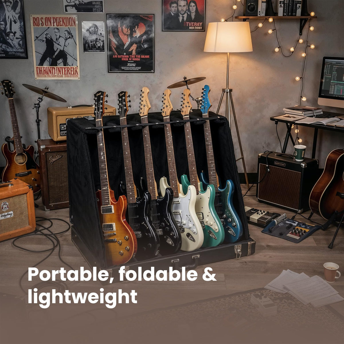Gearlux Universal Guitar Stand Case for 6 Electric or 3 Acoustic Guitars - Teflon Covered Hardwood Exterior