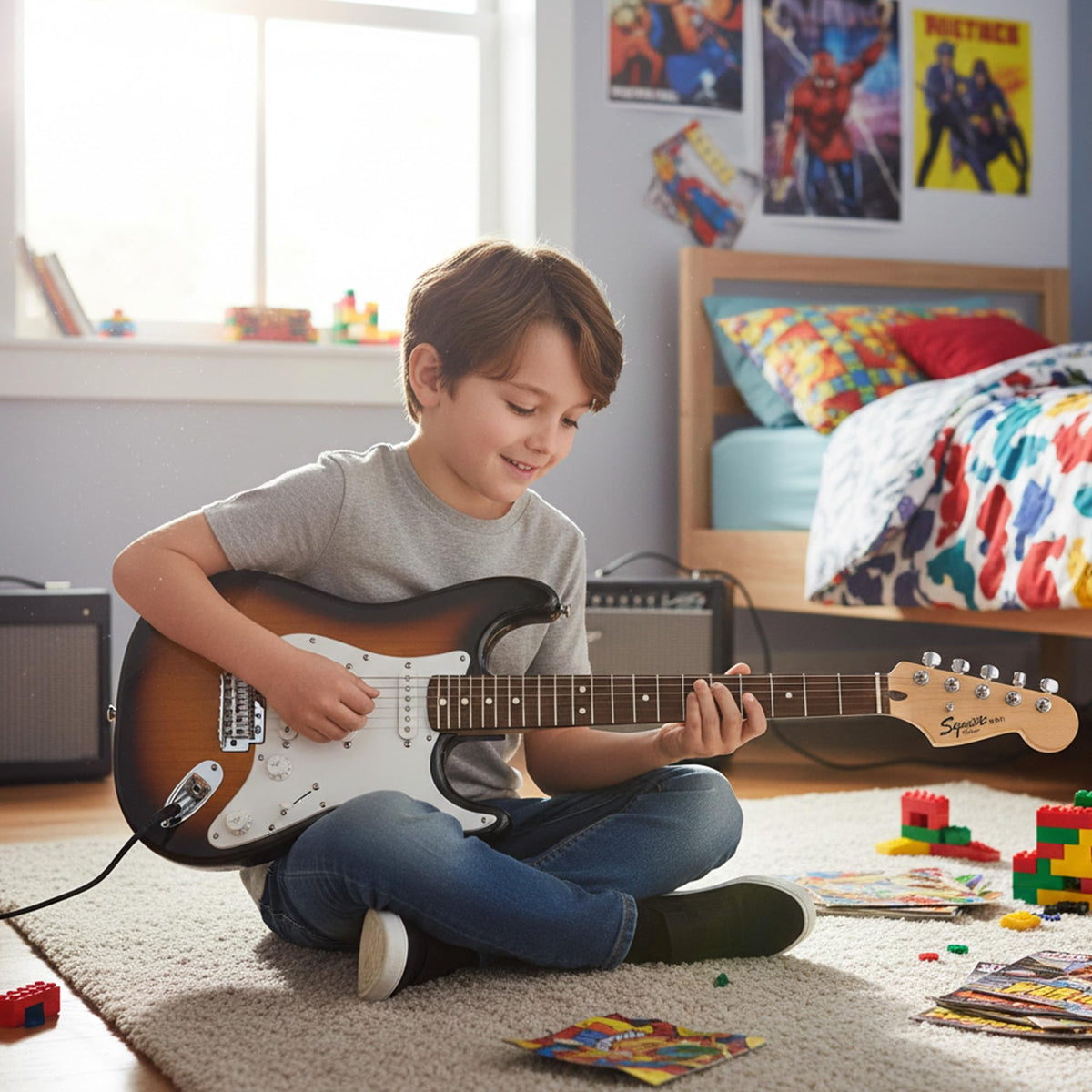 Fender Squier 3/4-Size Kids Mini Strat Electric Guitar - Sunburst w/ Amplifier