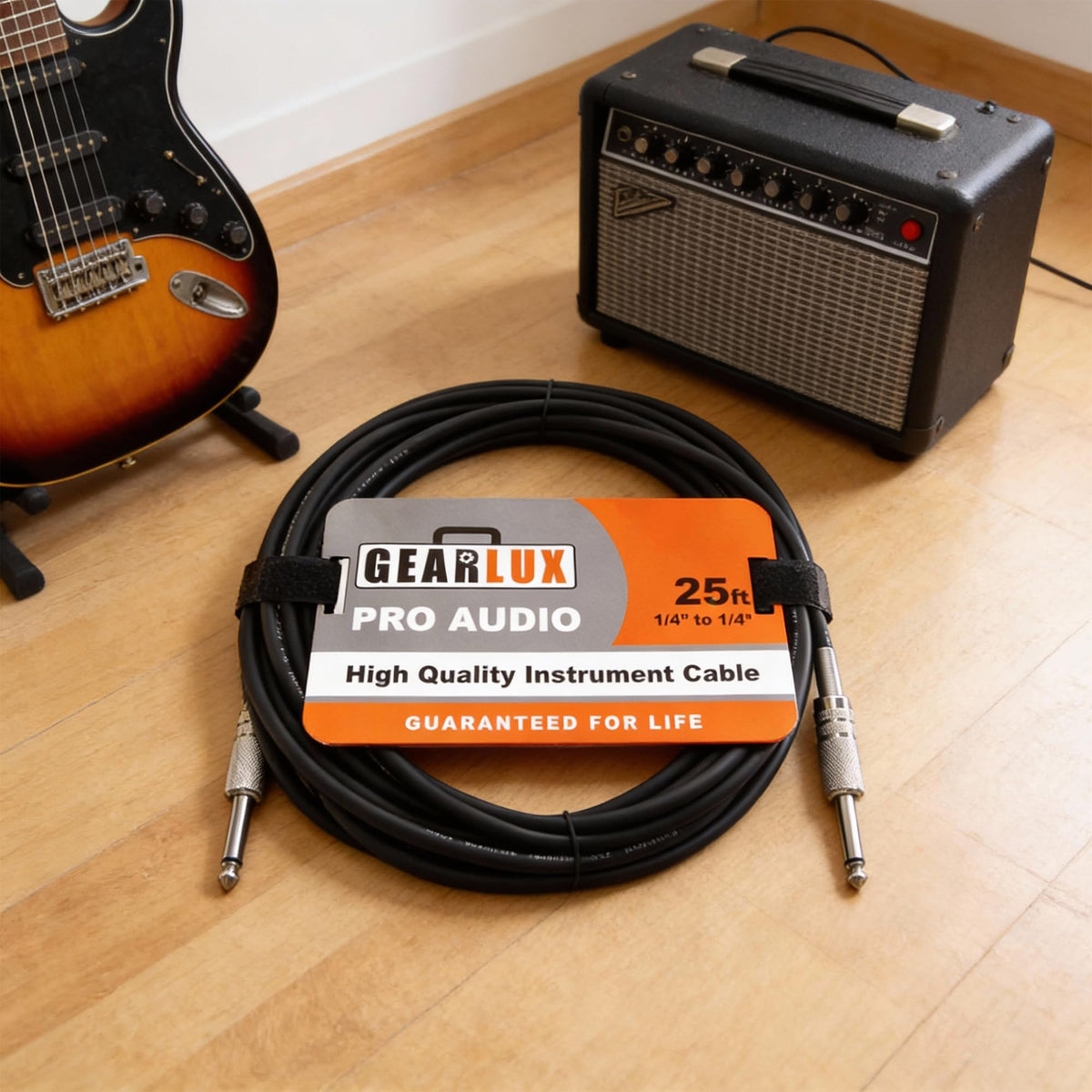 Gearlux Instrument Cable, 1/4 Inch, Straight-Straight, Black, 25 Foot - 10 Pack