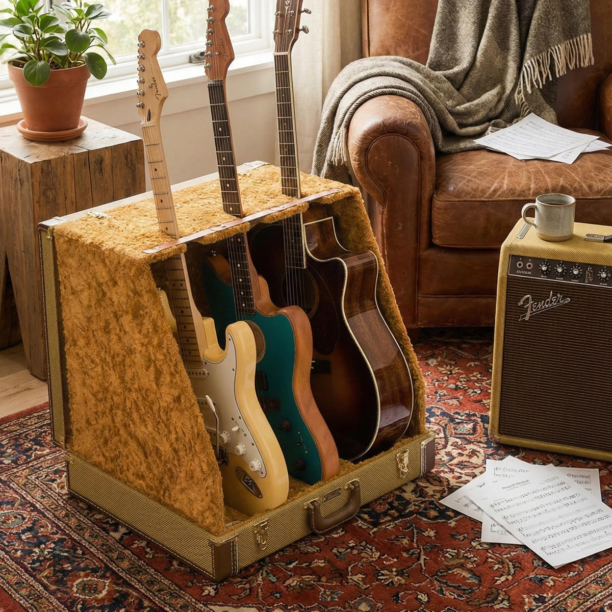 Fender Classic 3-Guitar Case Stand - Brown w/ Picks