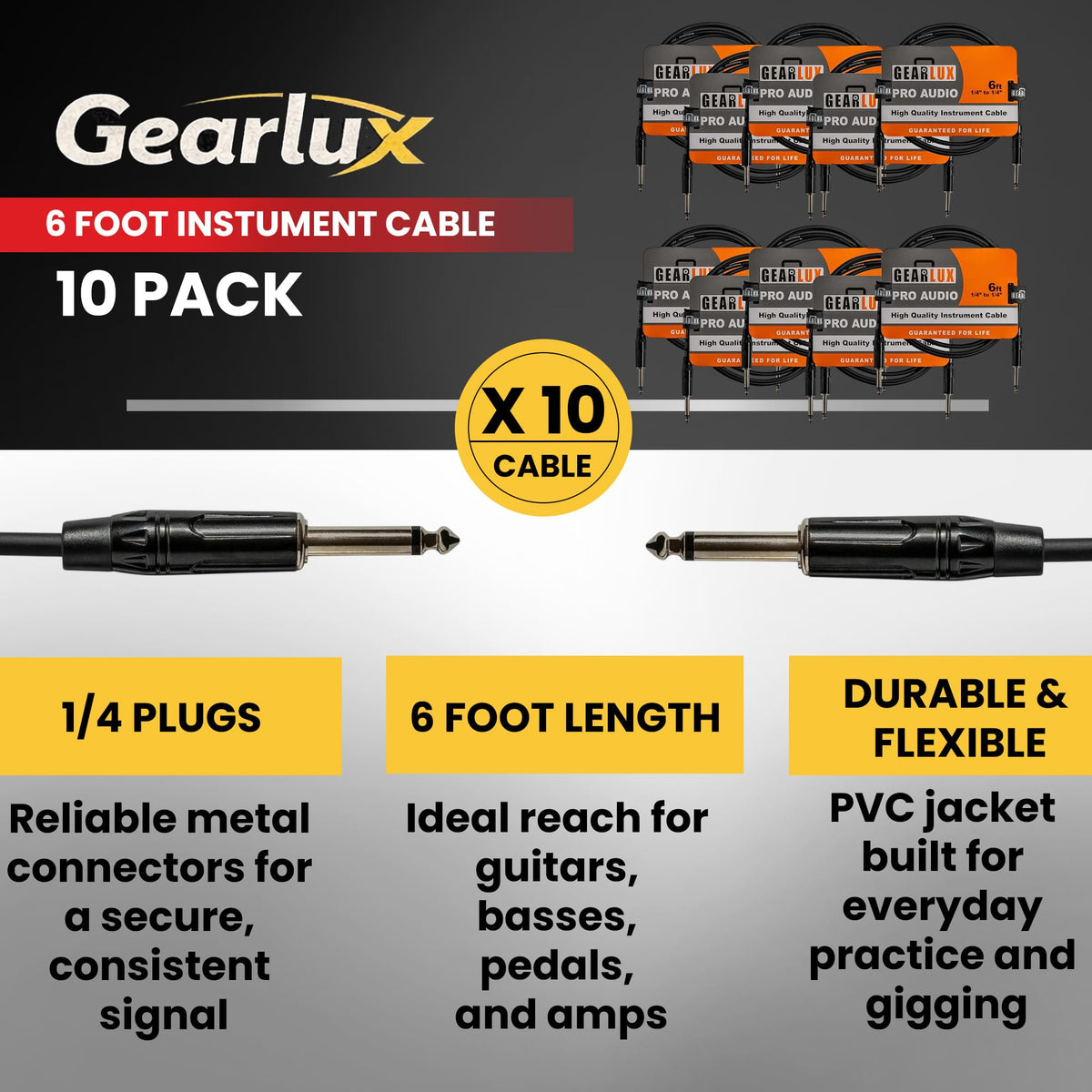 Gearlux 6-Foot Instrument Cable, 1/4 Inch, Straight-Straight, Black - 10 Pack