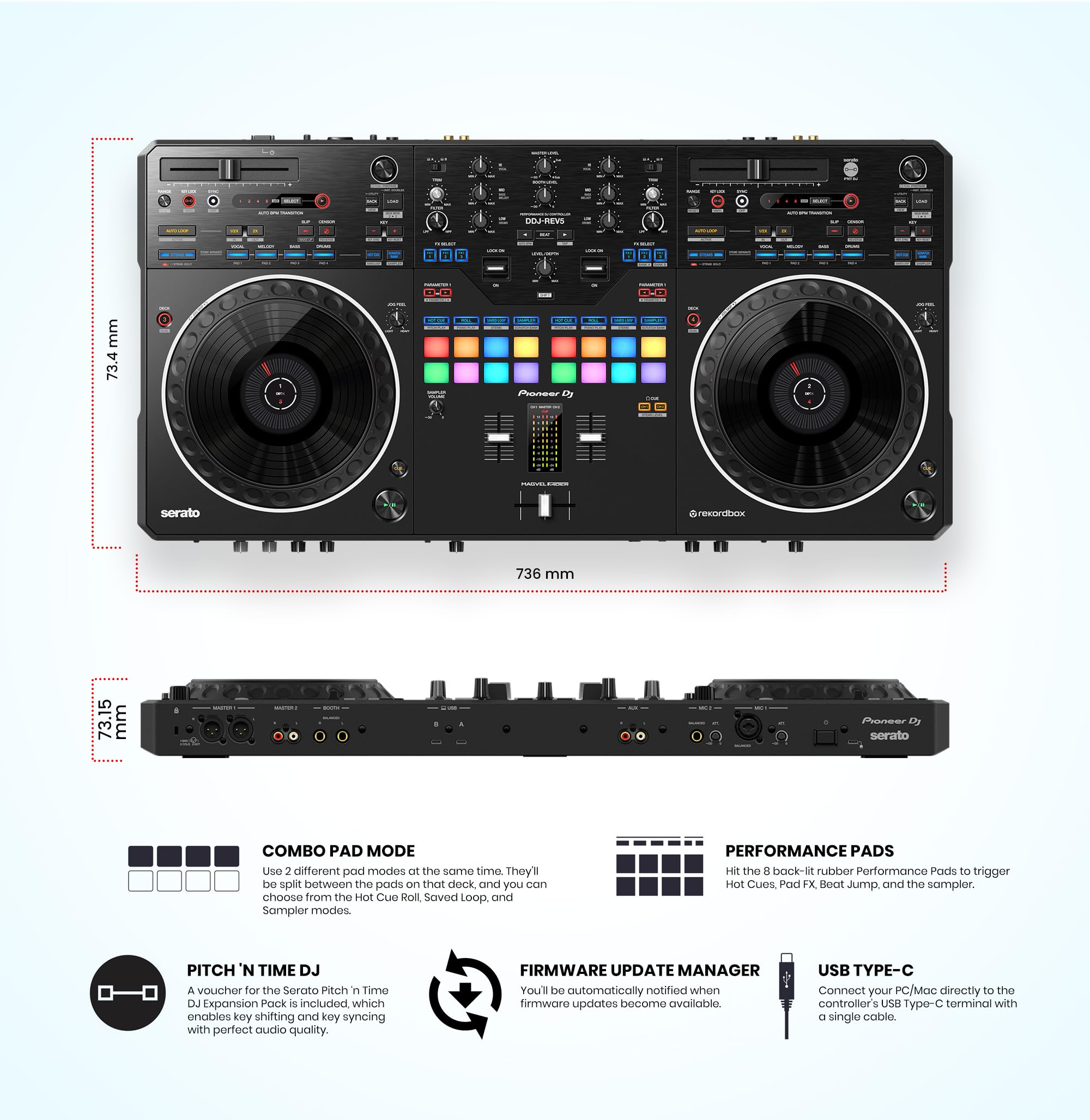 Pioneer DJ DDJ-REV5 Scratch-Style 2-Channel Professional DJ Controller w/ Case