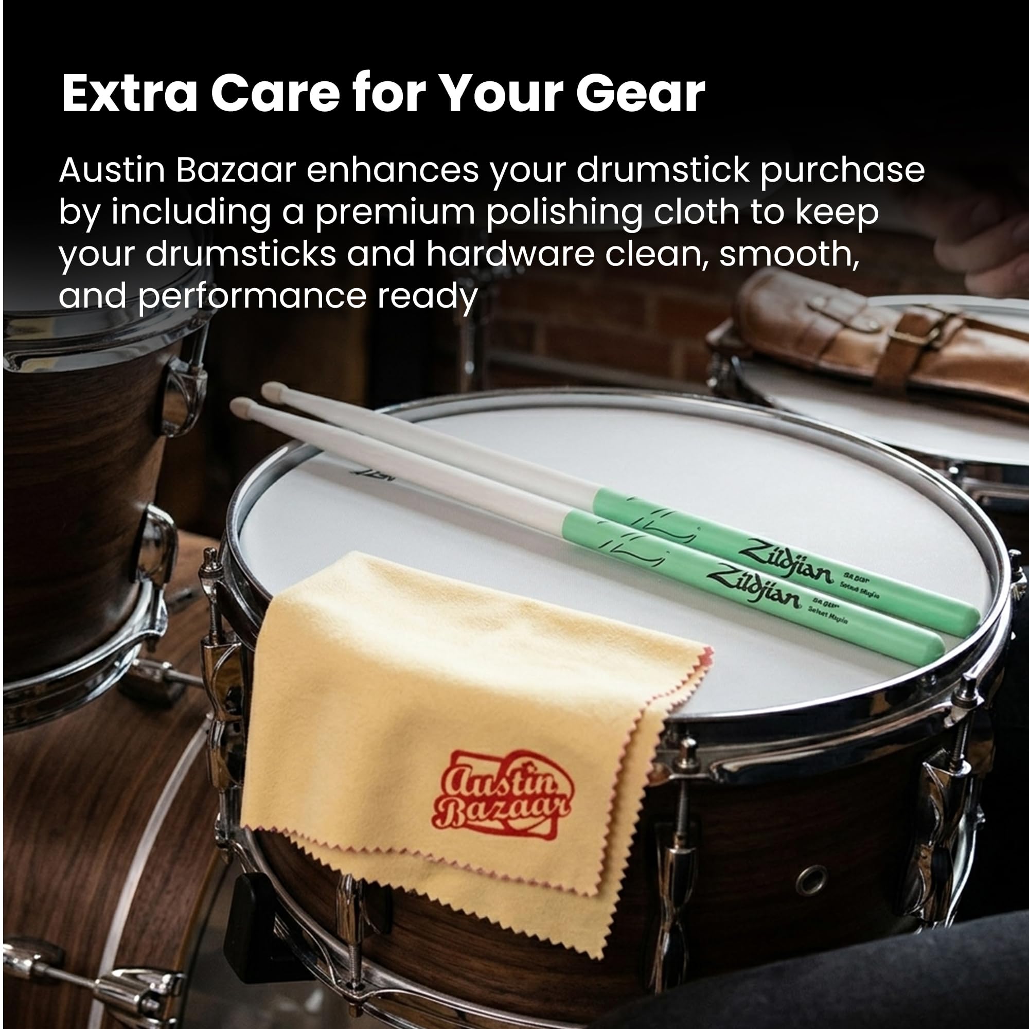 Zildjian 5A Maple Green DIP Drumsticks - 12-Pack Bundle with Austin Bazaar Polishing Cloth