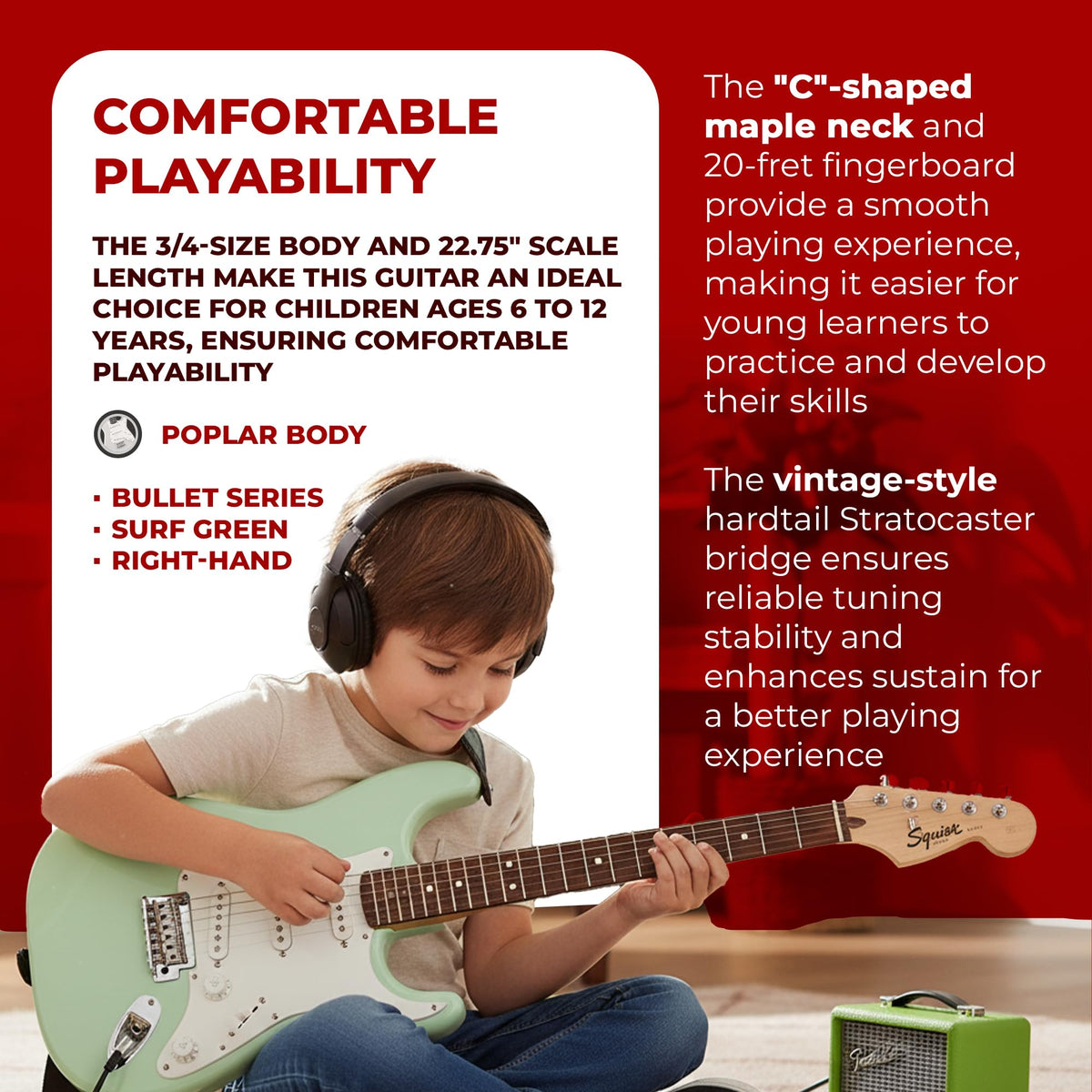 Fender Squier 3/4-Size Kids Mini Strat Electric Guitar - Surf Green w/ Amplifier
