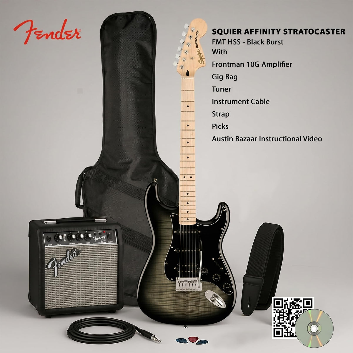 Fender Squier Affinity Stratocaster FMT HSS - Black Burst w/ Frontman 10G Amplifier