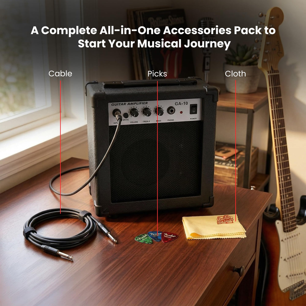 Gearlux GA10 10-Watt Electric Guitar Amplifier - Black w/ Instrument Cable