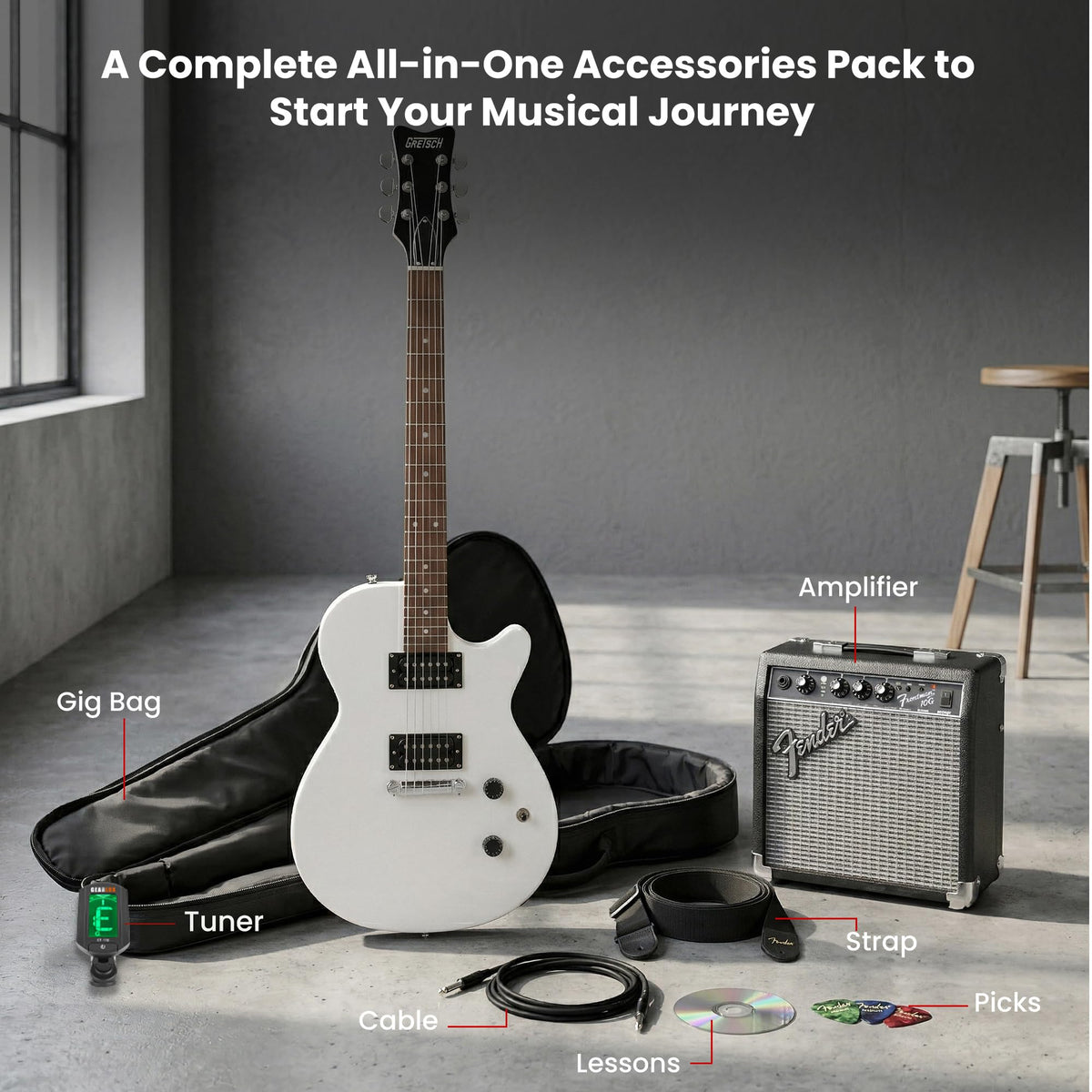 Gretsch Ignite Jet Club Electric Guitar - Lightning White w/ Frontman 10G Amplifier