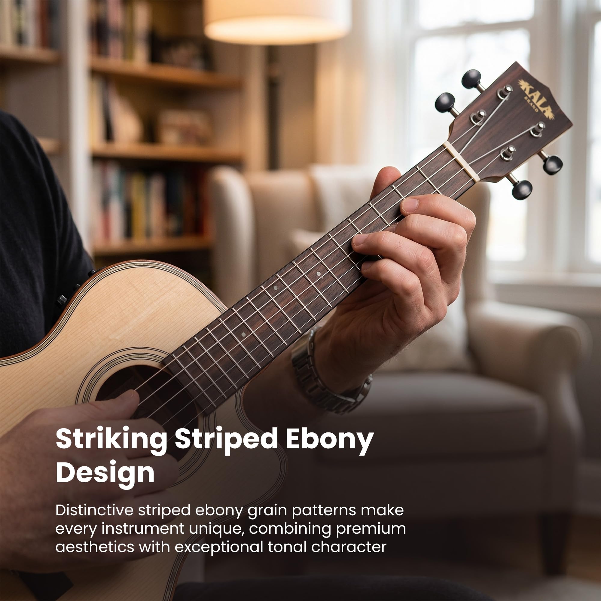 Kala KA-SSEBY-B-CE Solid Spruce Top Striped Ebony Baritone Cutaway Acoustic-Electric Ukulele