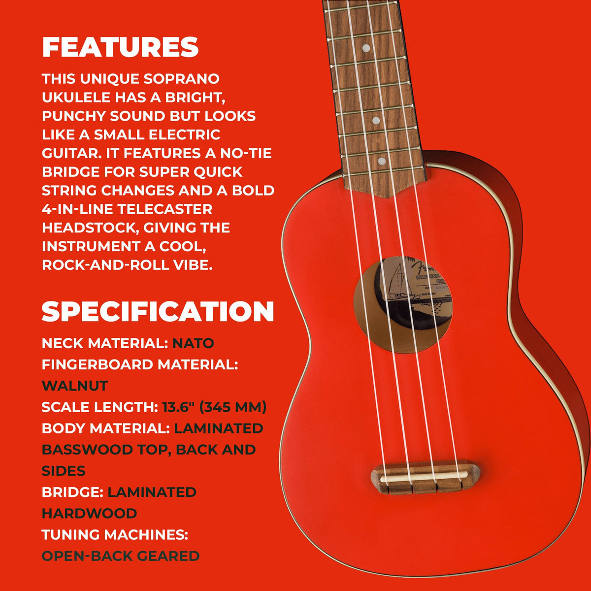 Fender Venice Soprano Ukulele - Fiesta Red