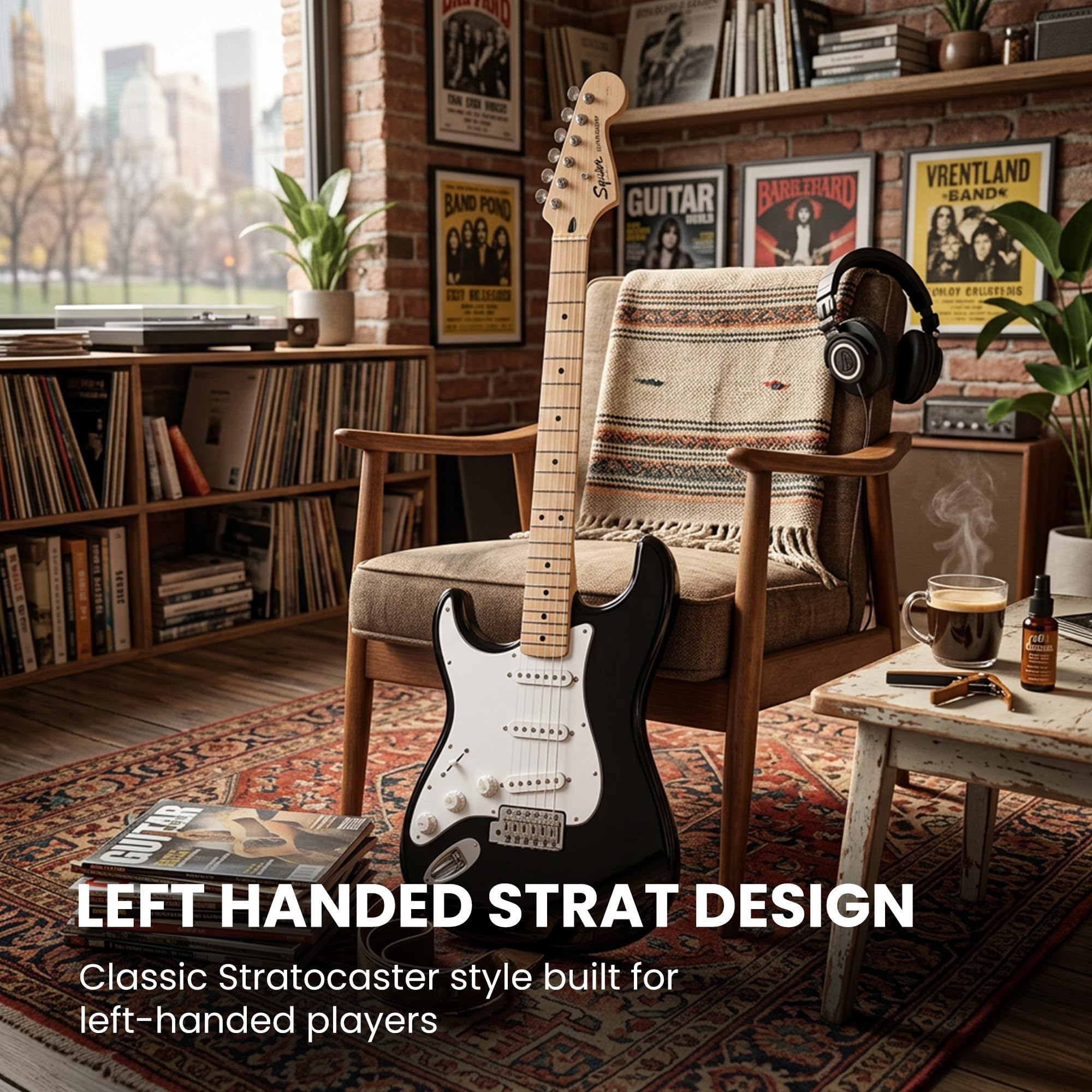 Fender Squier Sonic Stratocaster, Left Handed - Black w/ Mustang Micro