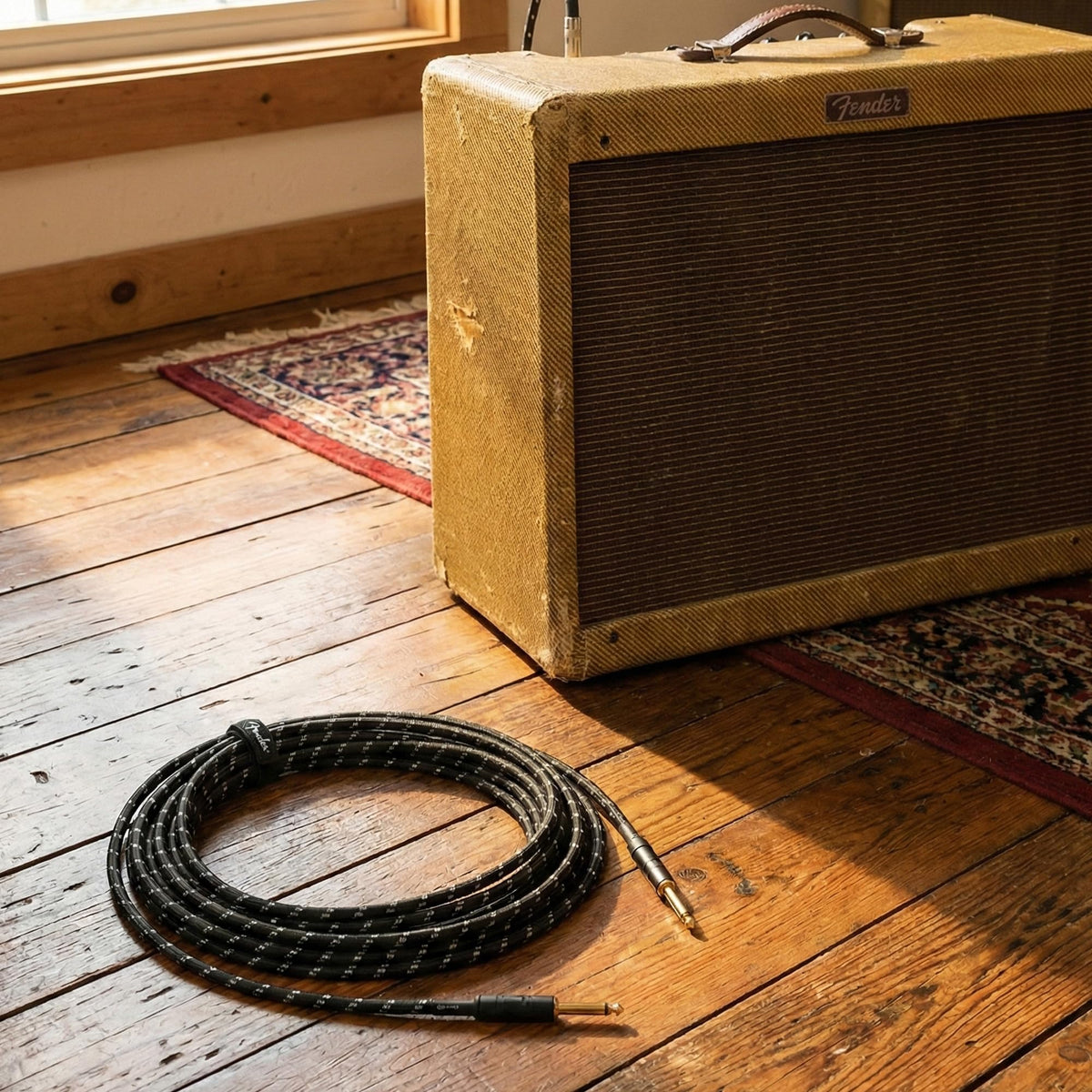 Fender 25-Foot Deluxe Instrument Cable, Straight-Straight, Black Tweed - 1 Pack