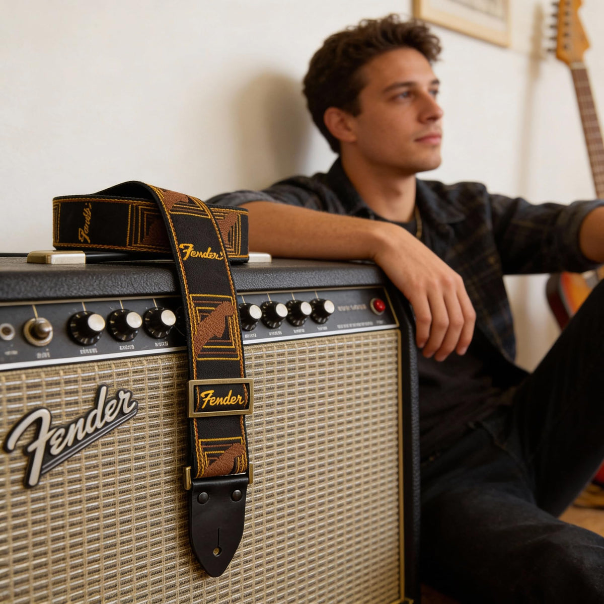 Fender Monogrammed Guitar Strap - Yellow and Brown w/ Strap Blocks