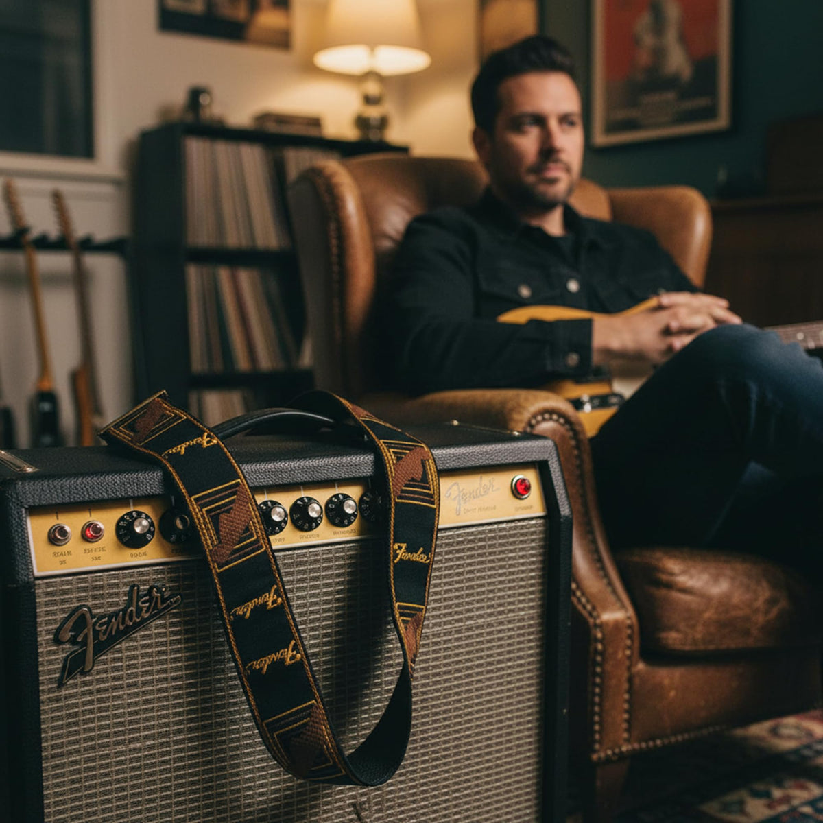 Fender Monogrammed Guitar Strap - Yellow and Brown w/ Strap Blocks