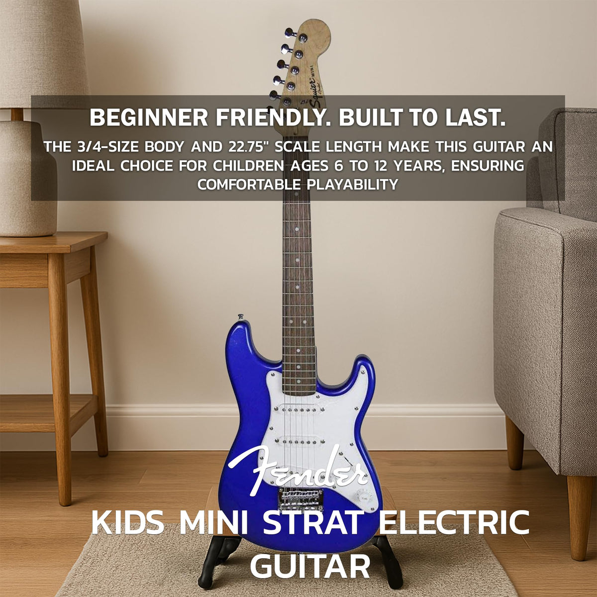 Fender Squier 3/4-Size Kids Mini Strat Electric Guitar - Imperial Blue w/ Amplifier