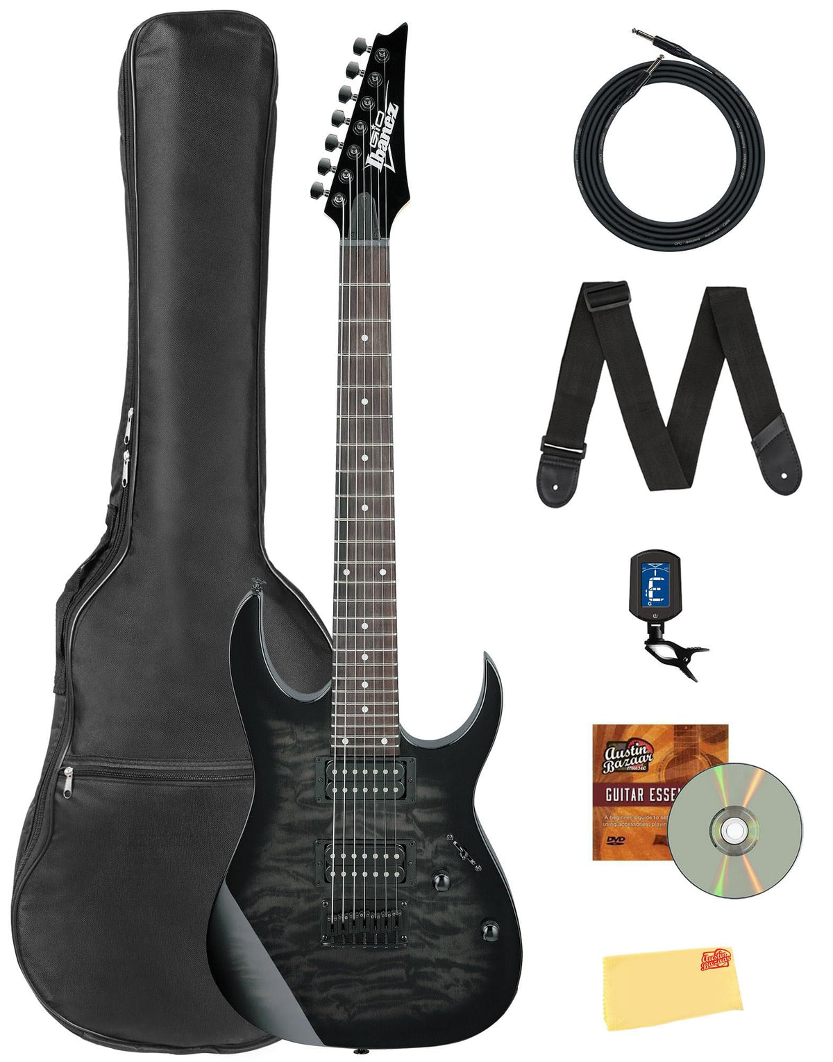 Ibanez GRG7221QA RG Gio 7-String Electric Guitar - Transparent Black Sunburst w/ Gig Bag