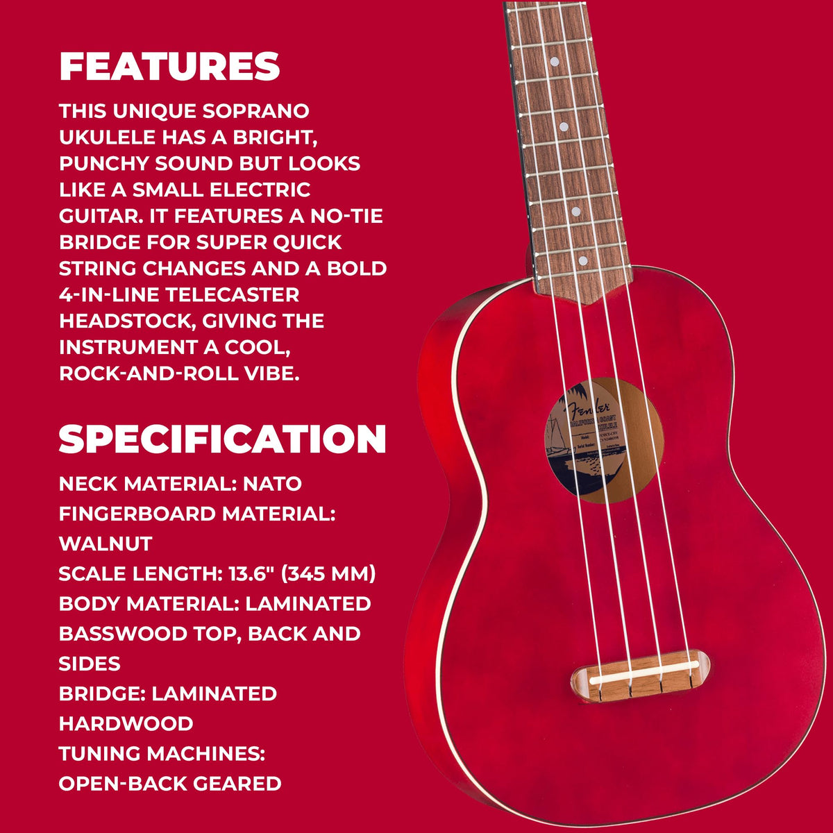 Fender Venice Soprano Ukulele - Cherry