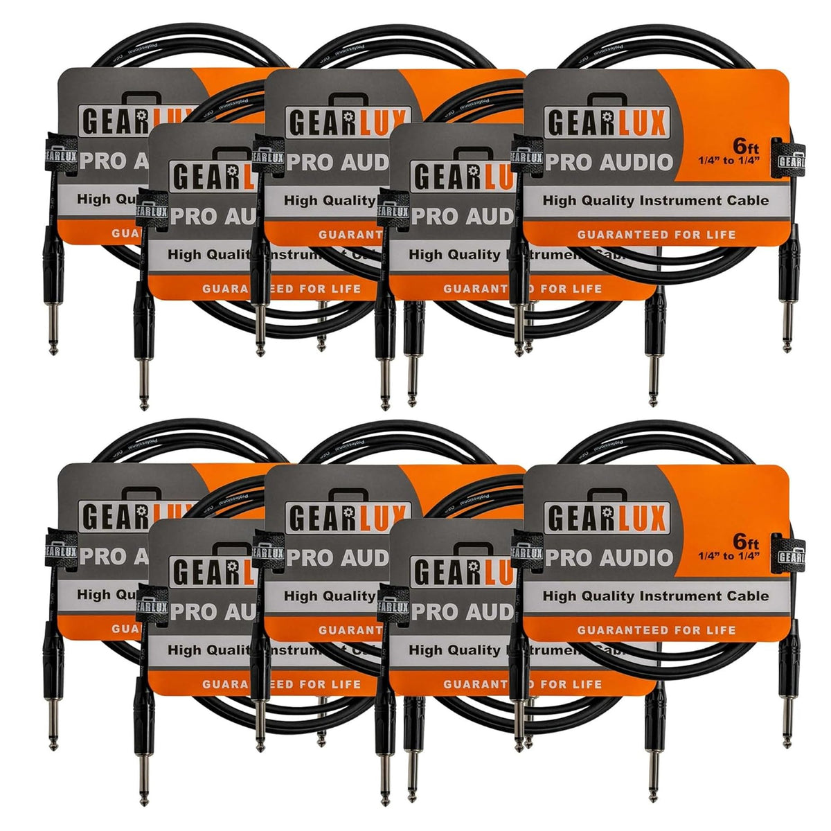 Gearlux 6-Foot Instrument Cable, 1/4 Inch, Straight-Straight, Black - 10 Pack