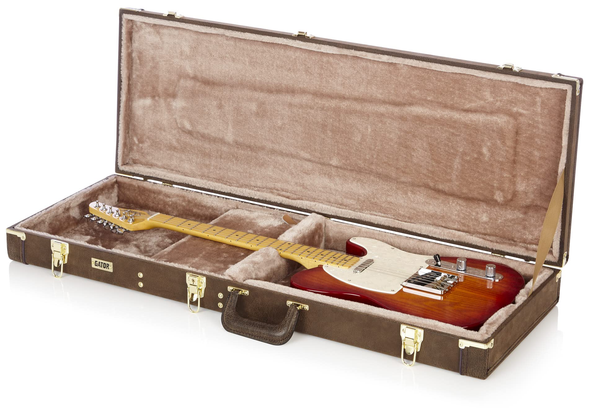 Gator GW-ELECT-VIN Deluxe Wood Case for Electric Guitars - Vintage Brown w/ Strap