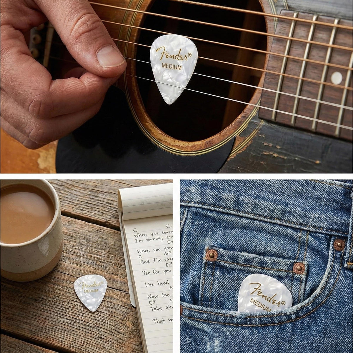 Fender Premium Celluloid 351 Shape Picks, Medium, White Moto - 36 Pack