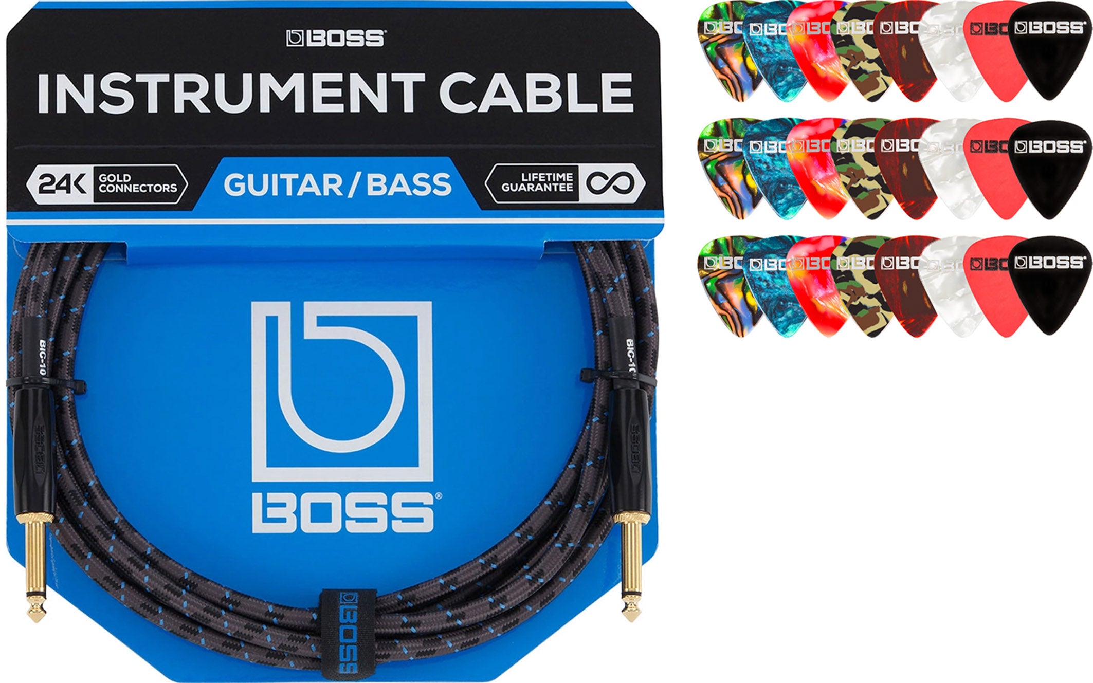 Boss BIC-25 25-Foot Instrument Cable, Straight-Straight - 1 Pack w/ Picks