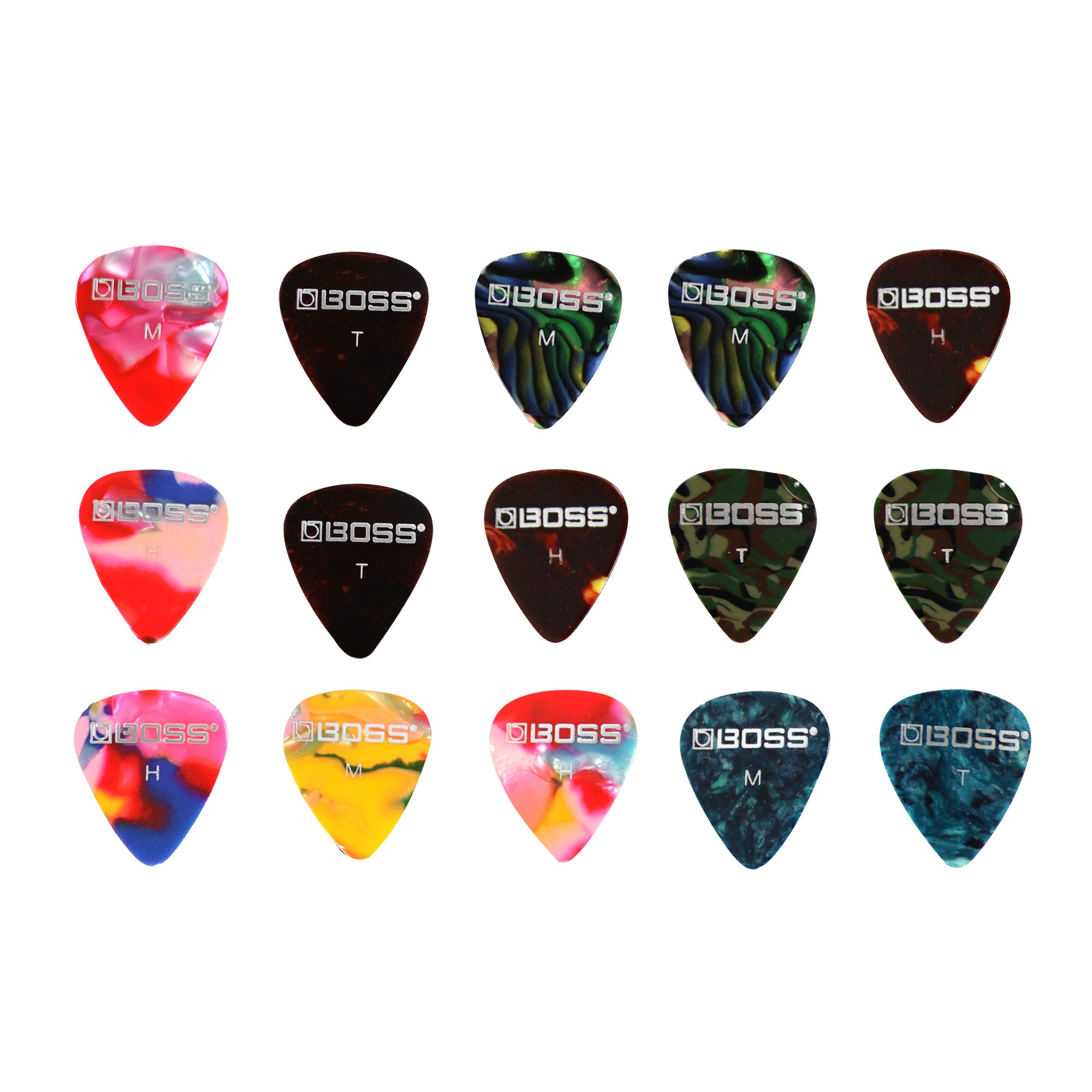 Boss Celluloid Guitar Picks - Multicolor 15 Pack with Thin, Medium & Heavy Gauges