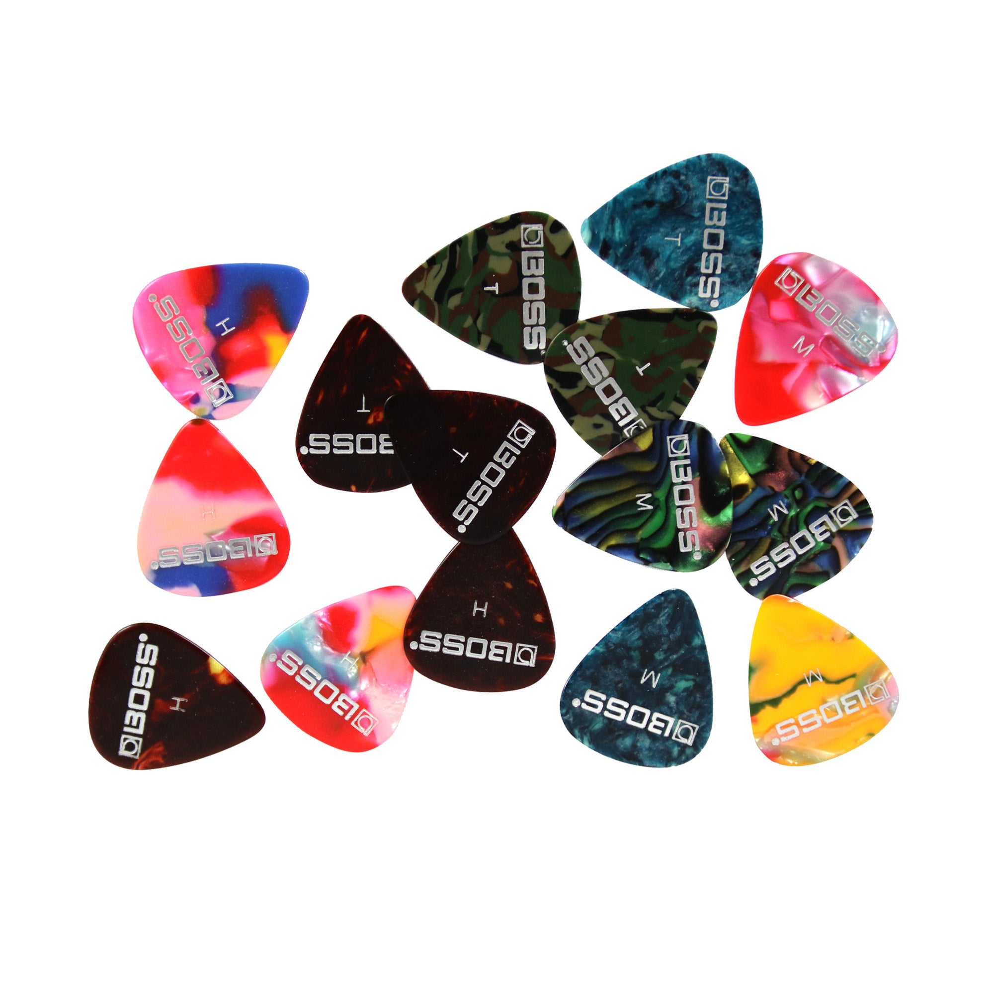 Boss Celluloid Guitar Picks - Multicolor 15 Pack with Thin, Medium & Heavy Gauges