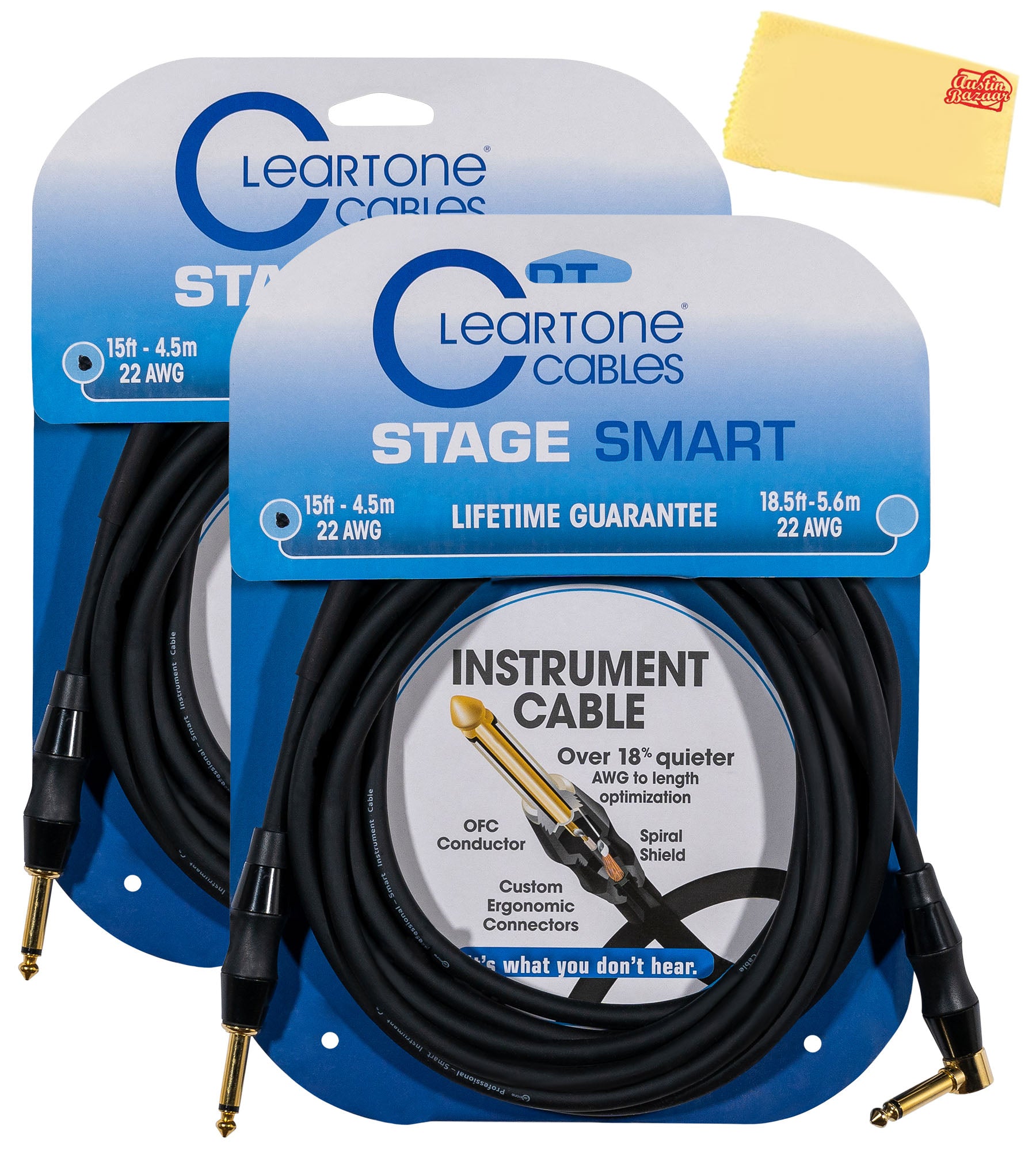 Cleartone 15-Foot Stage Smart Instrument Cable, Straight-Angled, 22 AWG - 2 Pack