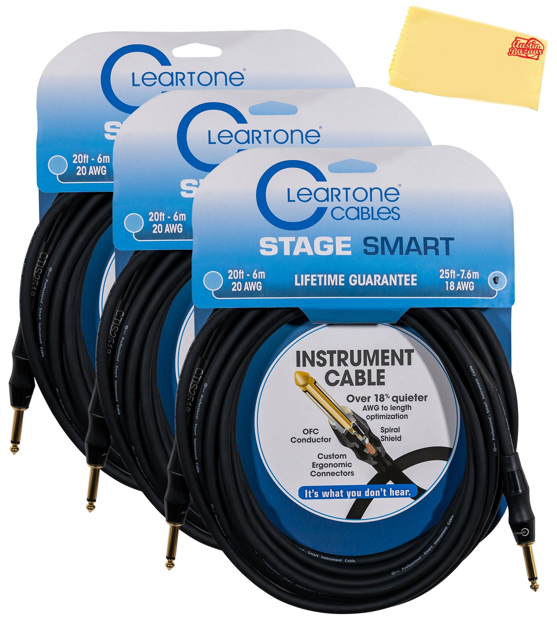 Cleartone 25-Foot Stage Smart Instrument Cable, Straight-Straight, 18 AWG - 3 Pack