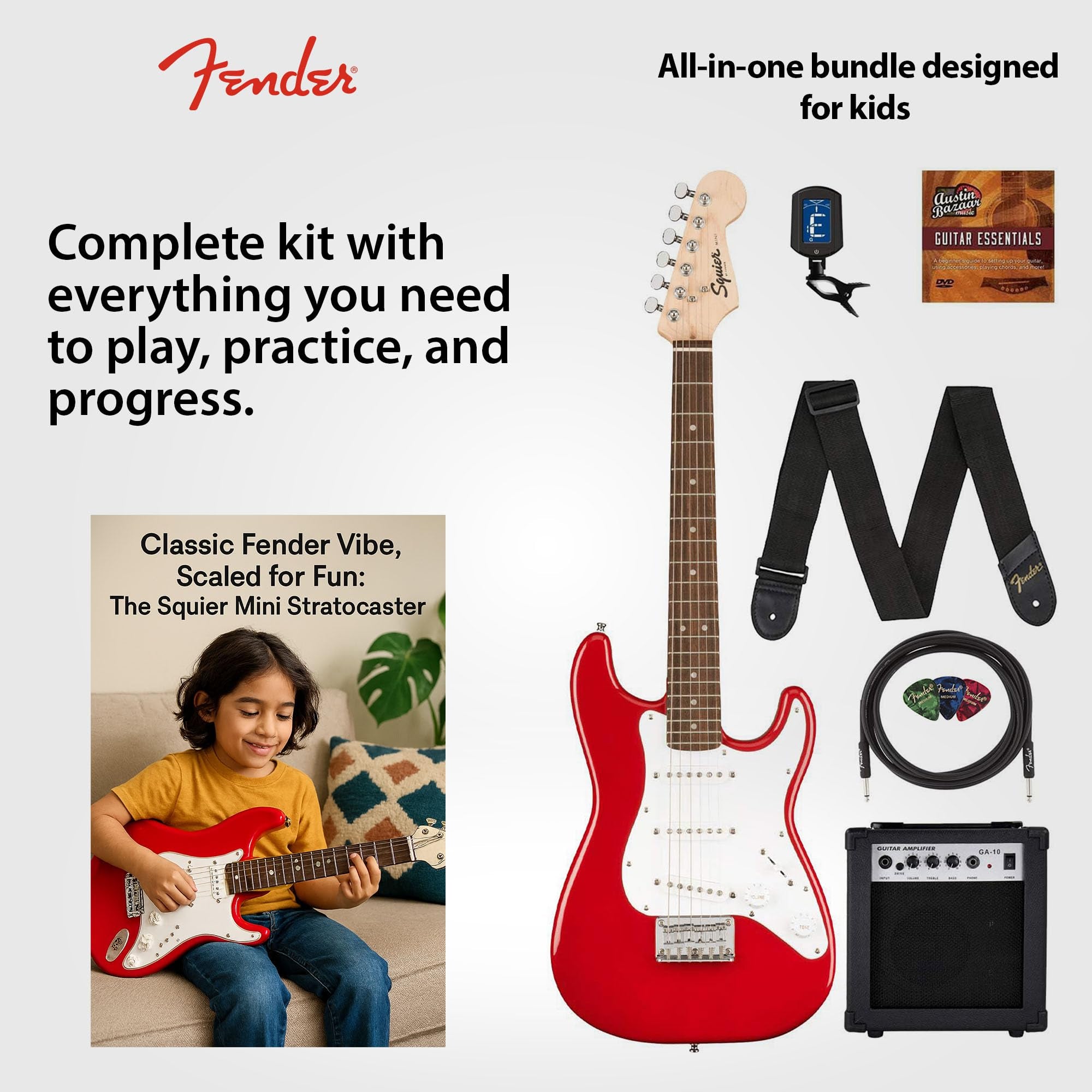 Fender Squier 3/4-Size Kids Mini Strat Electric Guitar - Dakota Red w/ Amplifier