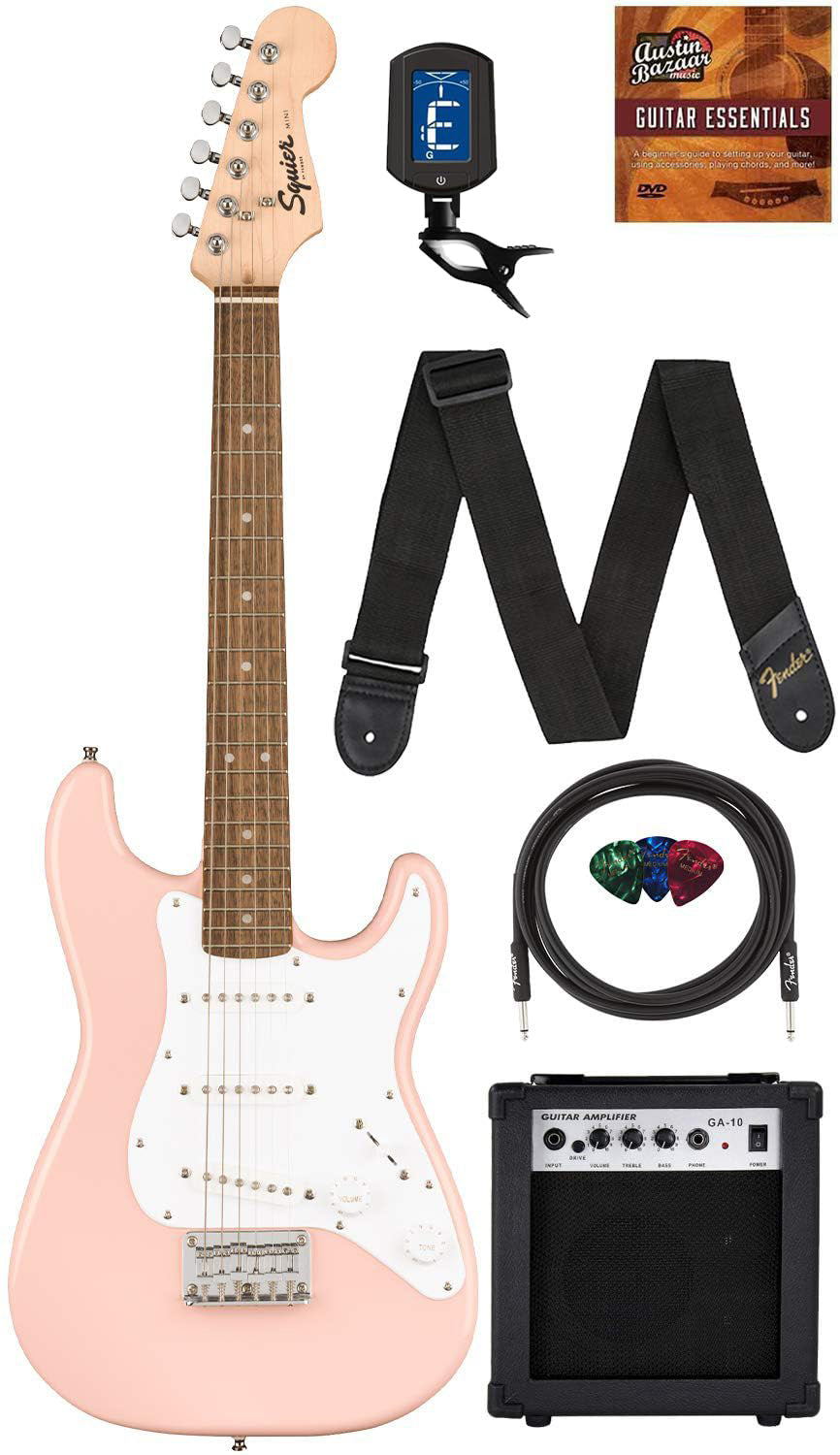 Fender Squier 3/4-Size Kids Mini Strat Electric Guitar - Shell Pink w/ Amplifier