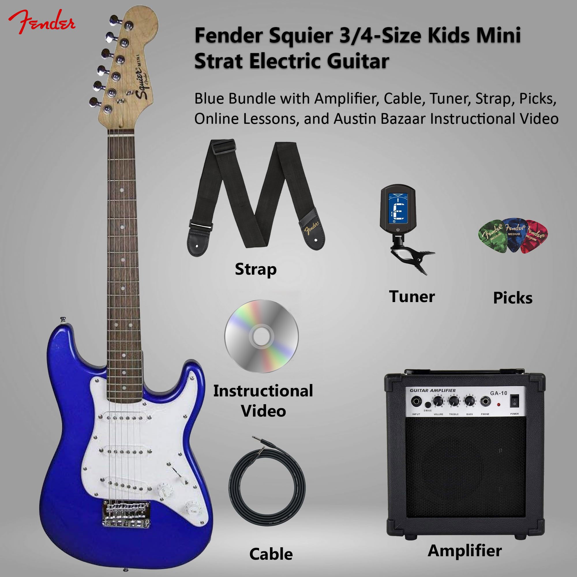 Fender Squier 3/4-Size Kids Mini Strat Electric Guitar - Imperial Blue w/ Amplifier