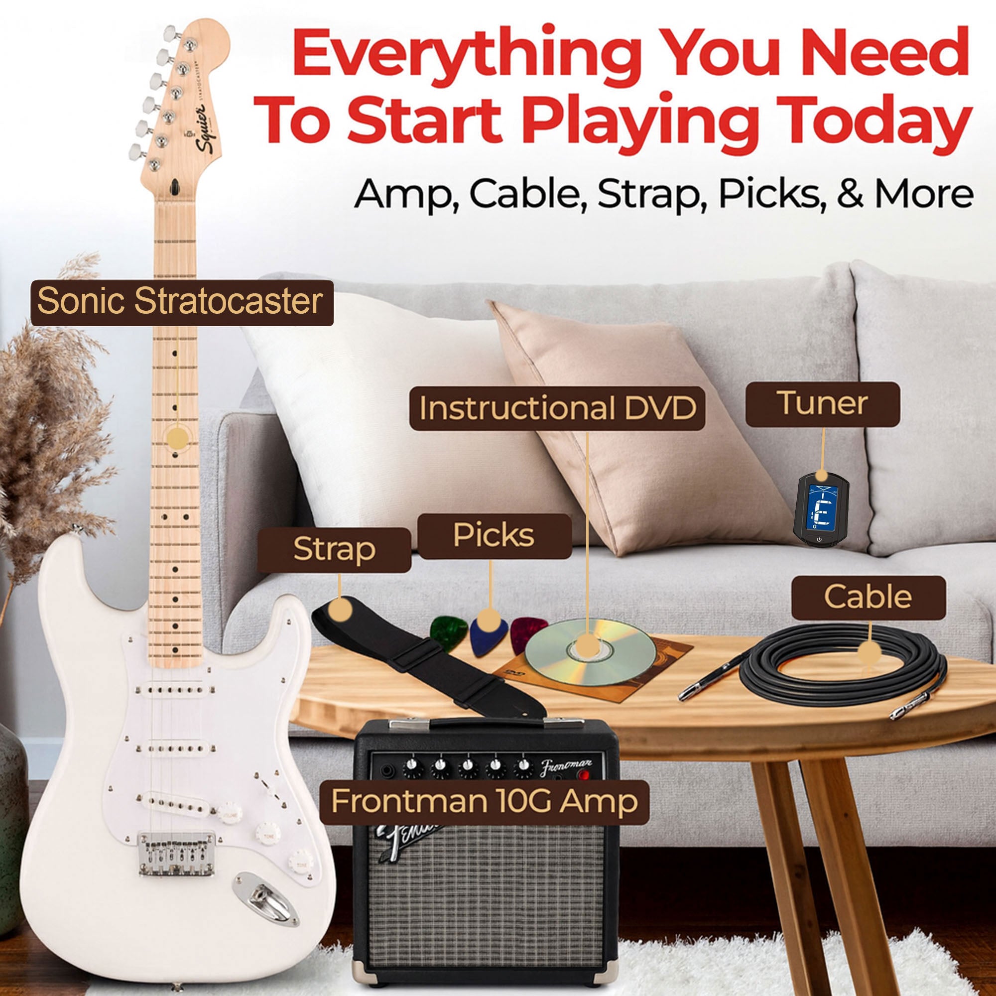 Fender Squier Sonic Stratocaster HT - Arctic White w/ Frontman 10G Amplifier