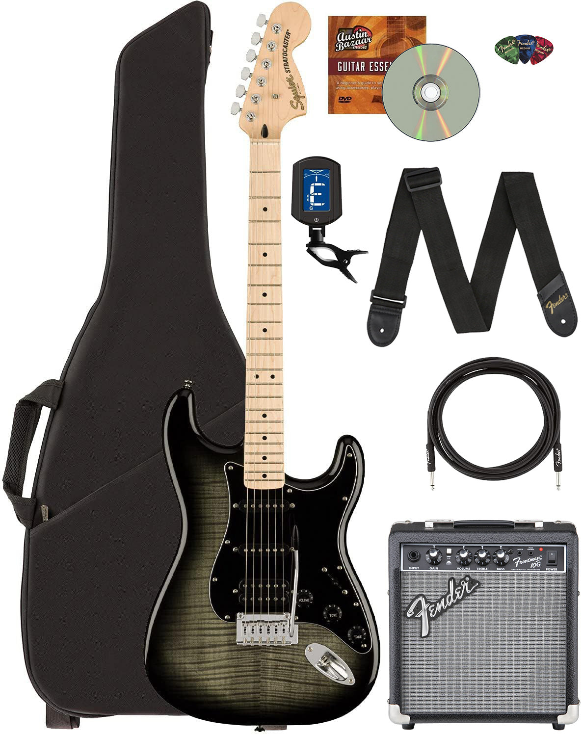 Fender Squier Affinity Stratocaster FMT HSS - Black Burst w/ Frontman 10G Amplifier