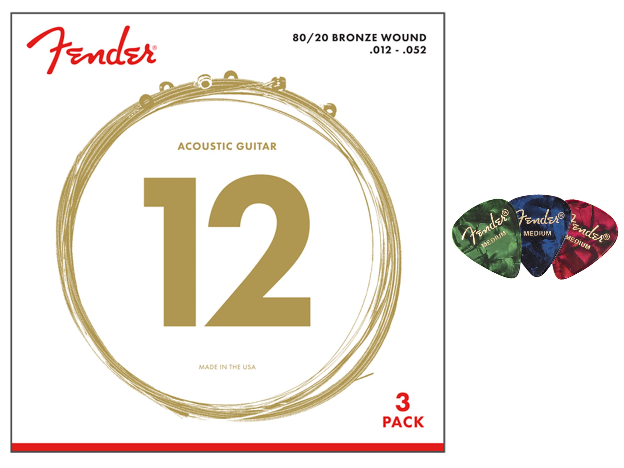 Fender 80/20 Bronze Acoustic Guitar Strings, Ball End - Light .012-.052 - 3 Pack w/ Picks