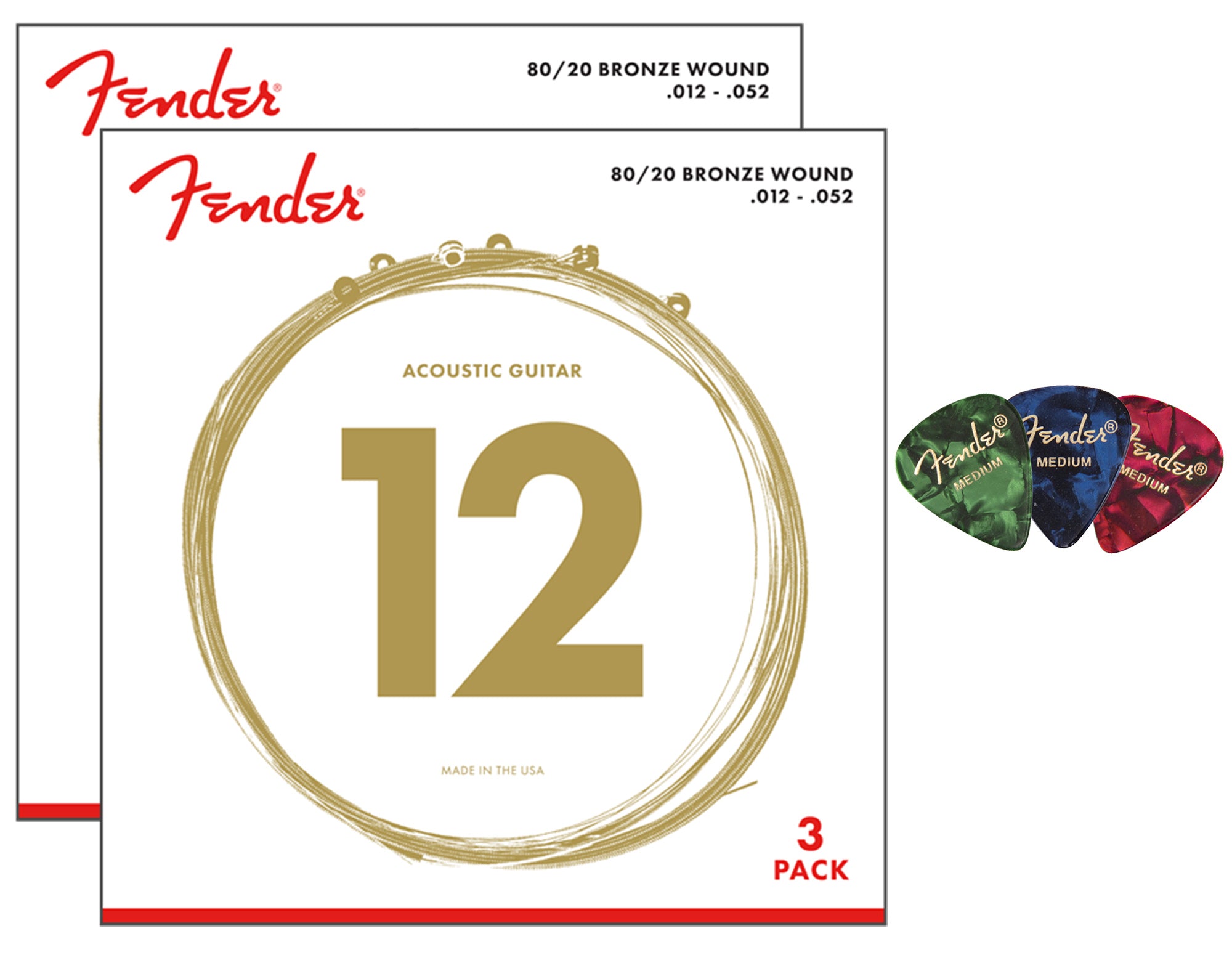 Fender 80/20 Bronze Acoustic Guitar Strings, Ball End - Light .012-.052 - 6 Pack w/ Picks