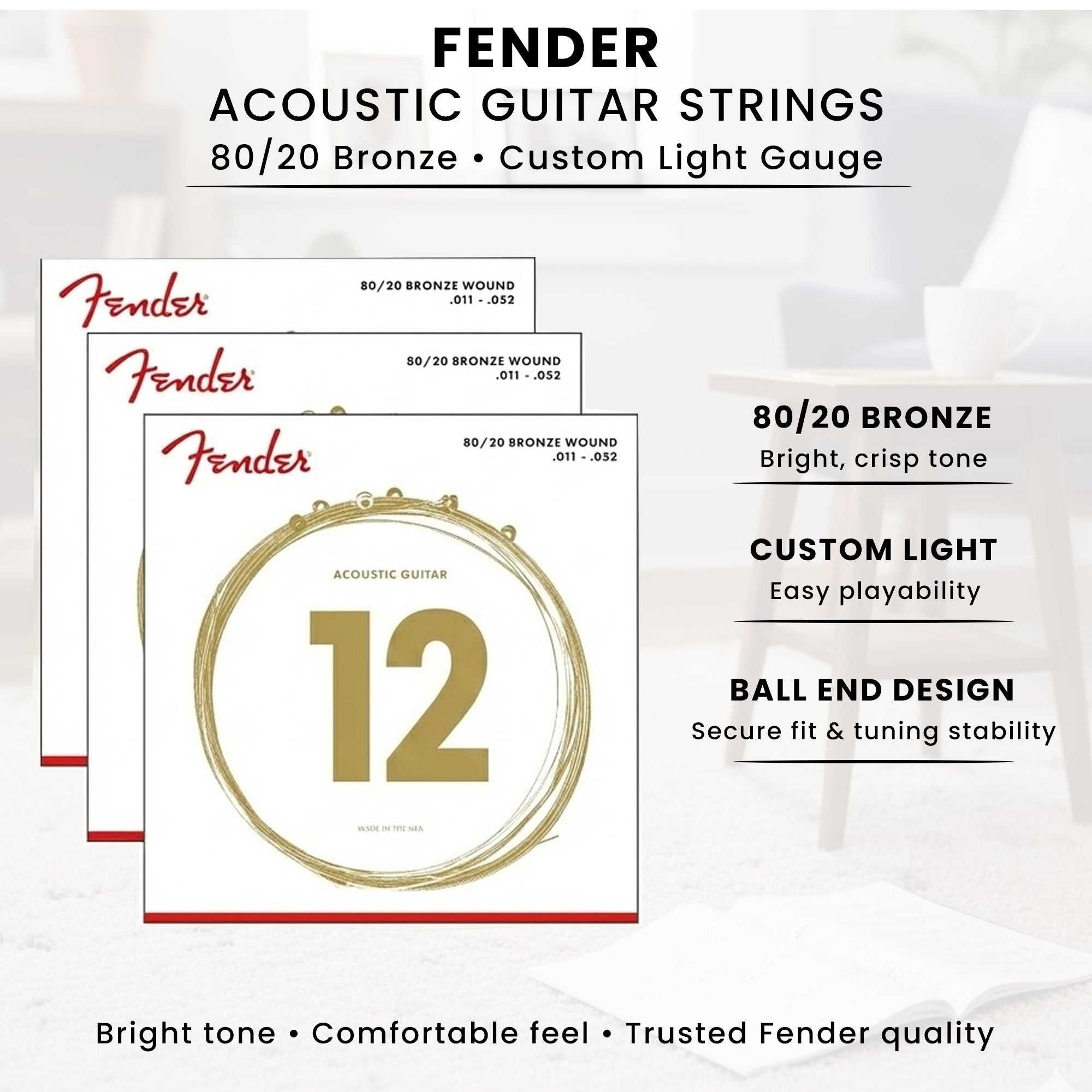 Fender 80/20 Bronze Acoustic Strings, Ball End, Custom Light, .011-.052 - 3 Pack w/ Picks