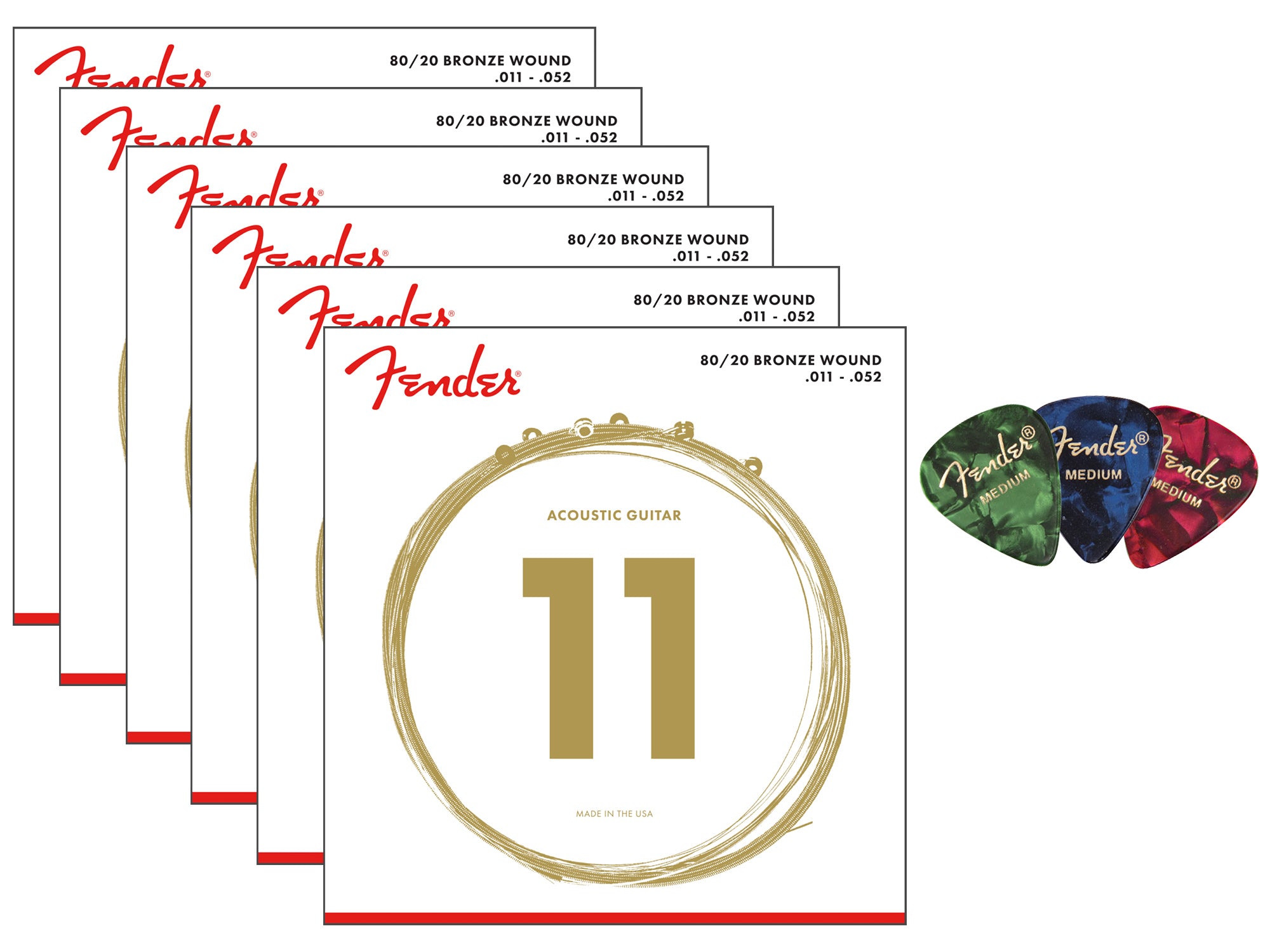 Fender 80/20 Bronze Acoustic Strings, Ball End, Custom Light, .011-.052 - 6 Pack w/ Picks