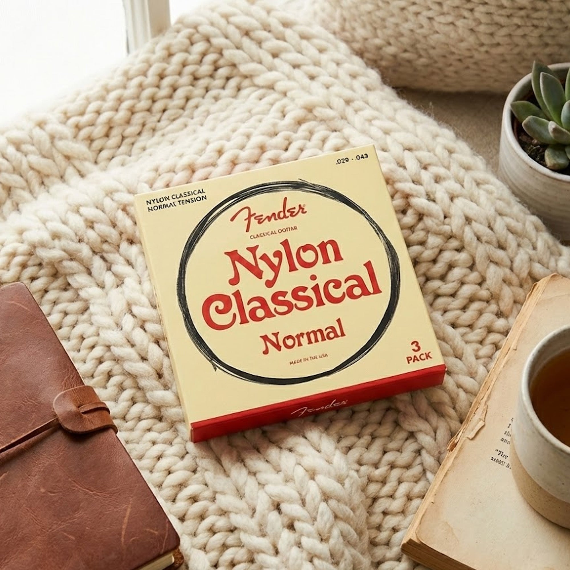 Fender Nylon Classical Guitar Strings, Normal Tension, .028-.043, Tie End - 3 Pack w/ Picks