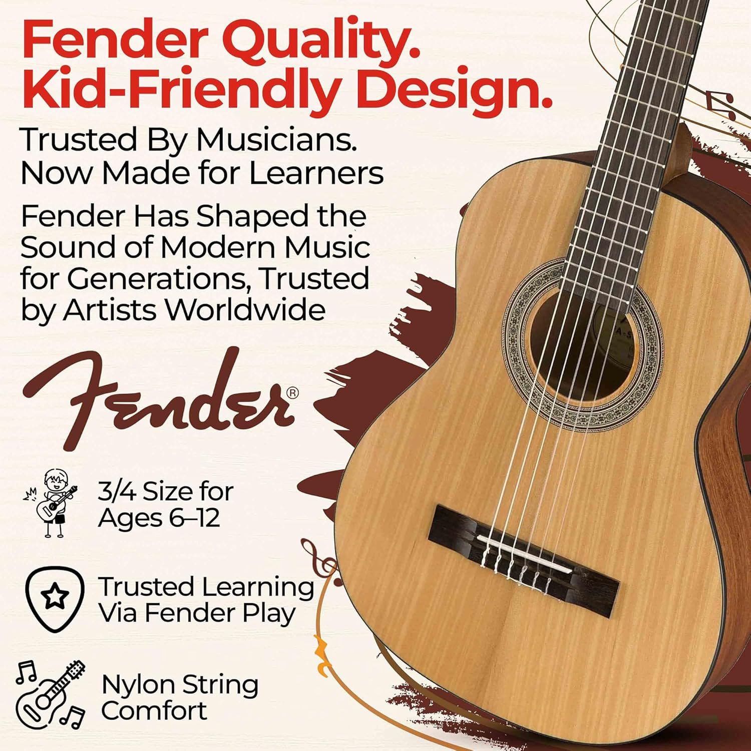 Fender FA-15N 3/4-Size Kids Classical Guitar - Natural w/ Gig Bag