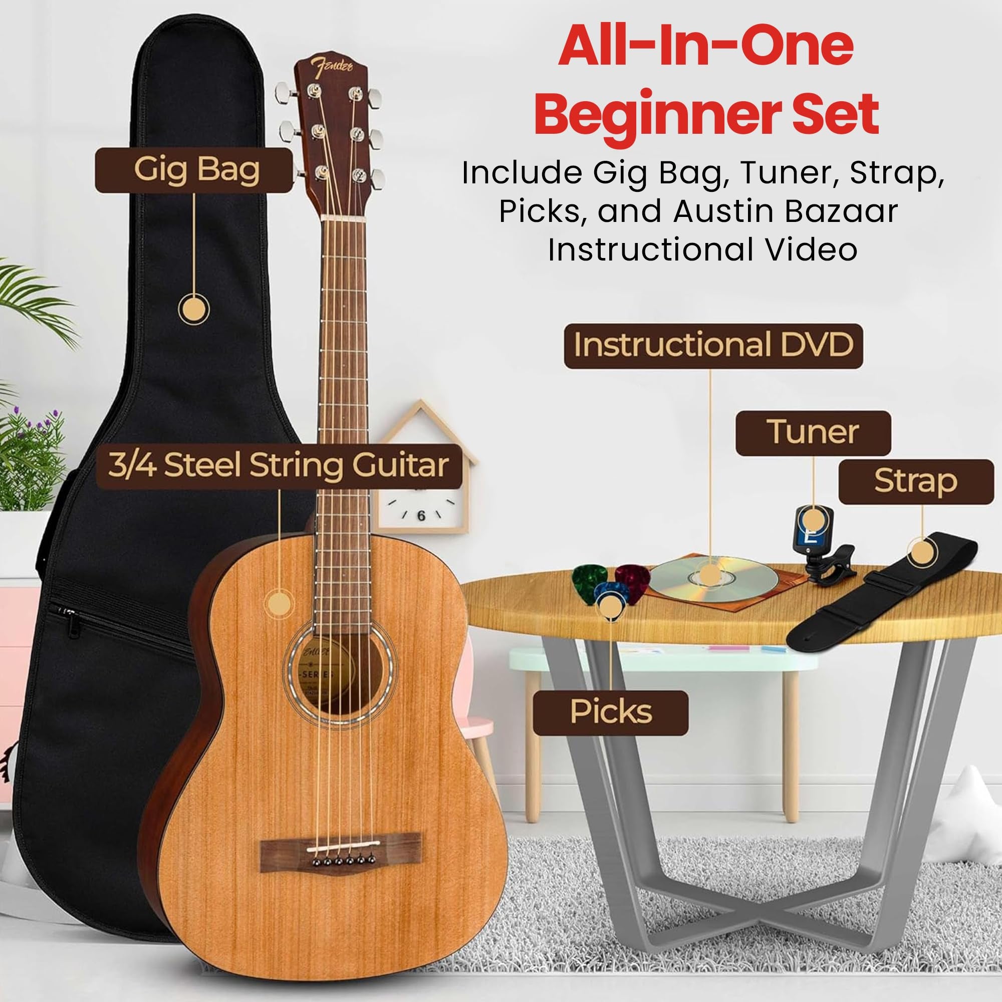 Fender FA-15 3/4-Scale Kids Steel String Acoustic Guitar - Natural w/ Gig Bag