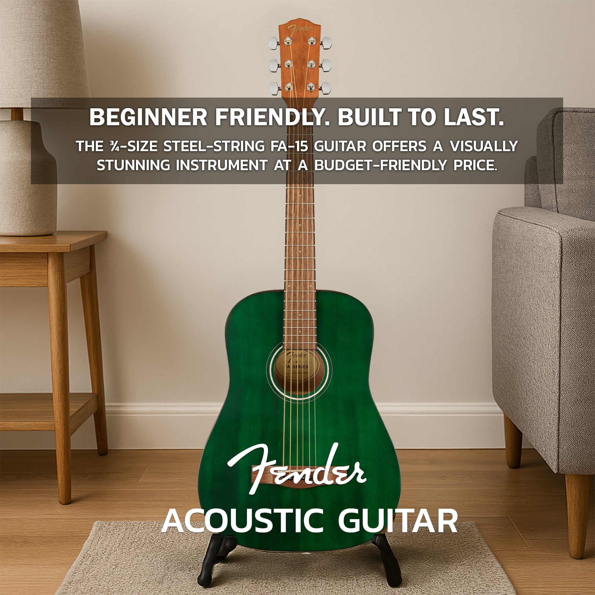 Fender FA-15 3/4-Scale Kids Steel String Acoustic Guitar - Green w/ Gig Bag