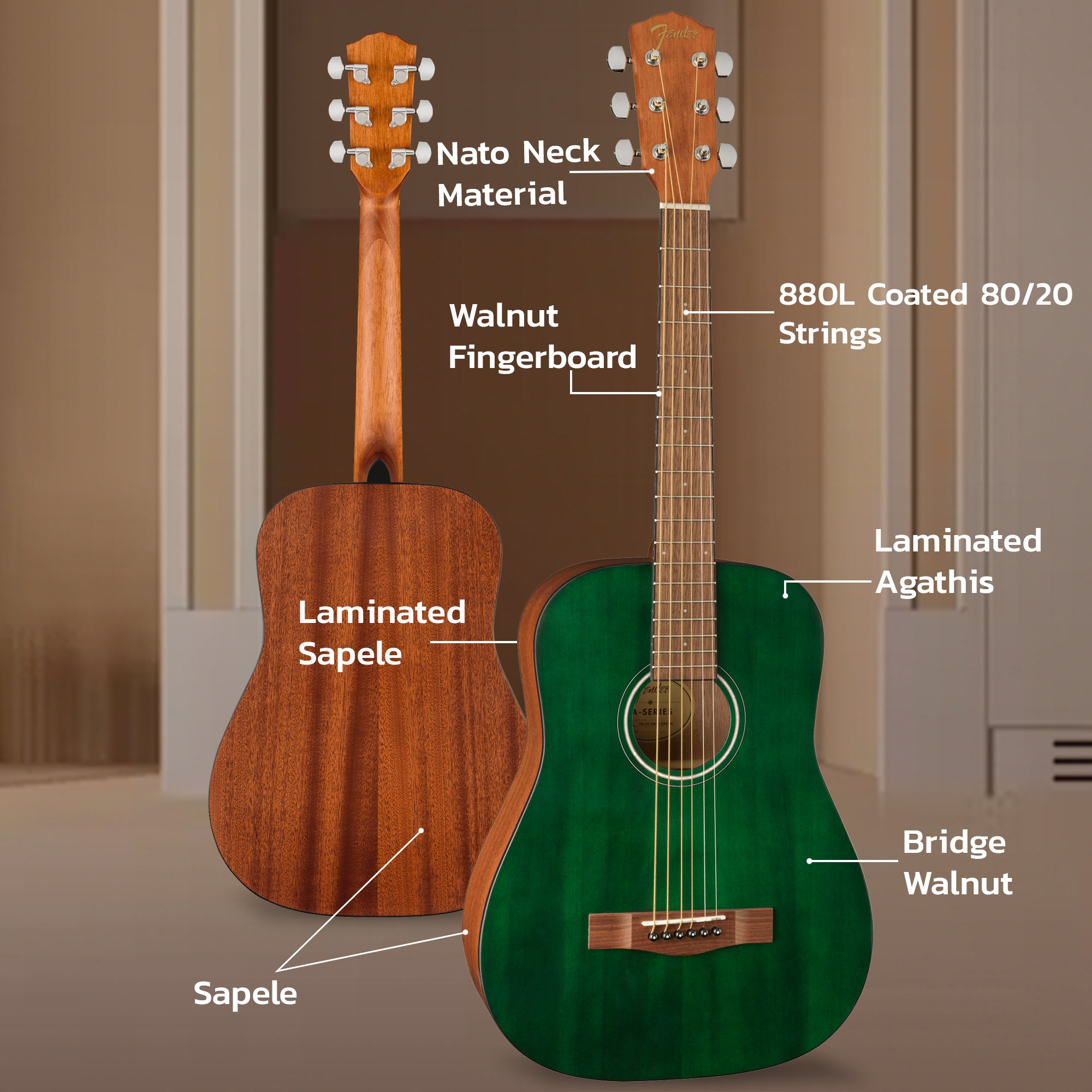 Fender FA-15 3/4-Scale Kids Steel String Acoustic Guitar - Green w/ Gig Bag
